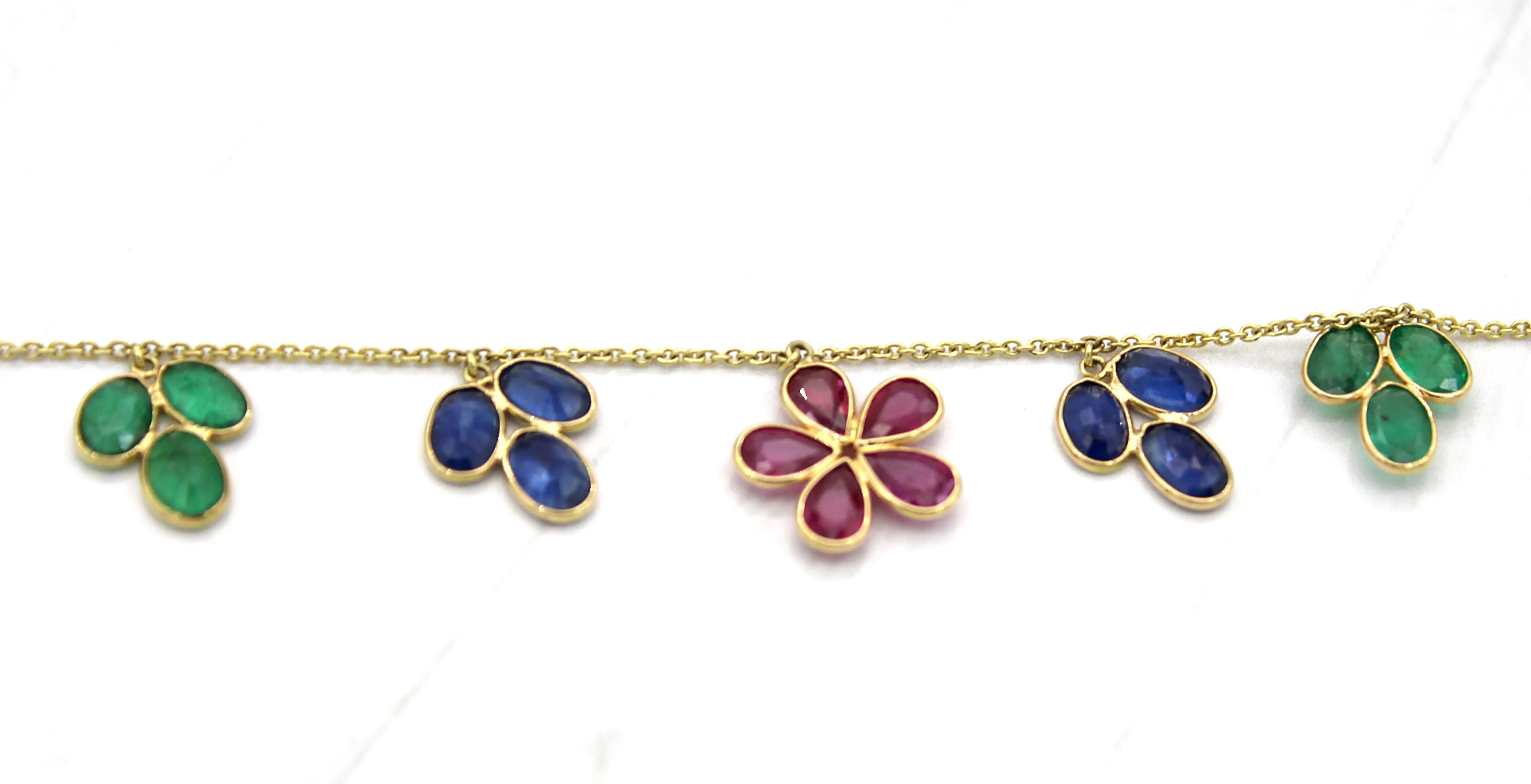 Flower Necklace Natural Ruby Blue Sapphire Emerald 18k Solid Yellow Gold