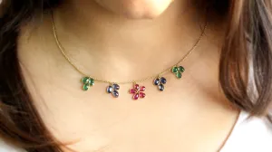 Flower Necklace Natural Ruby Blue Sapphire Emerald 18k Solid Yellow Gold