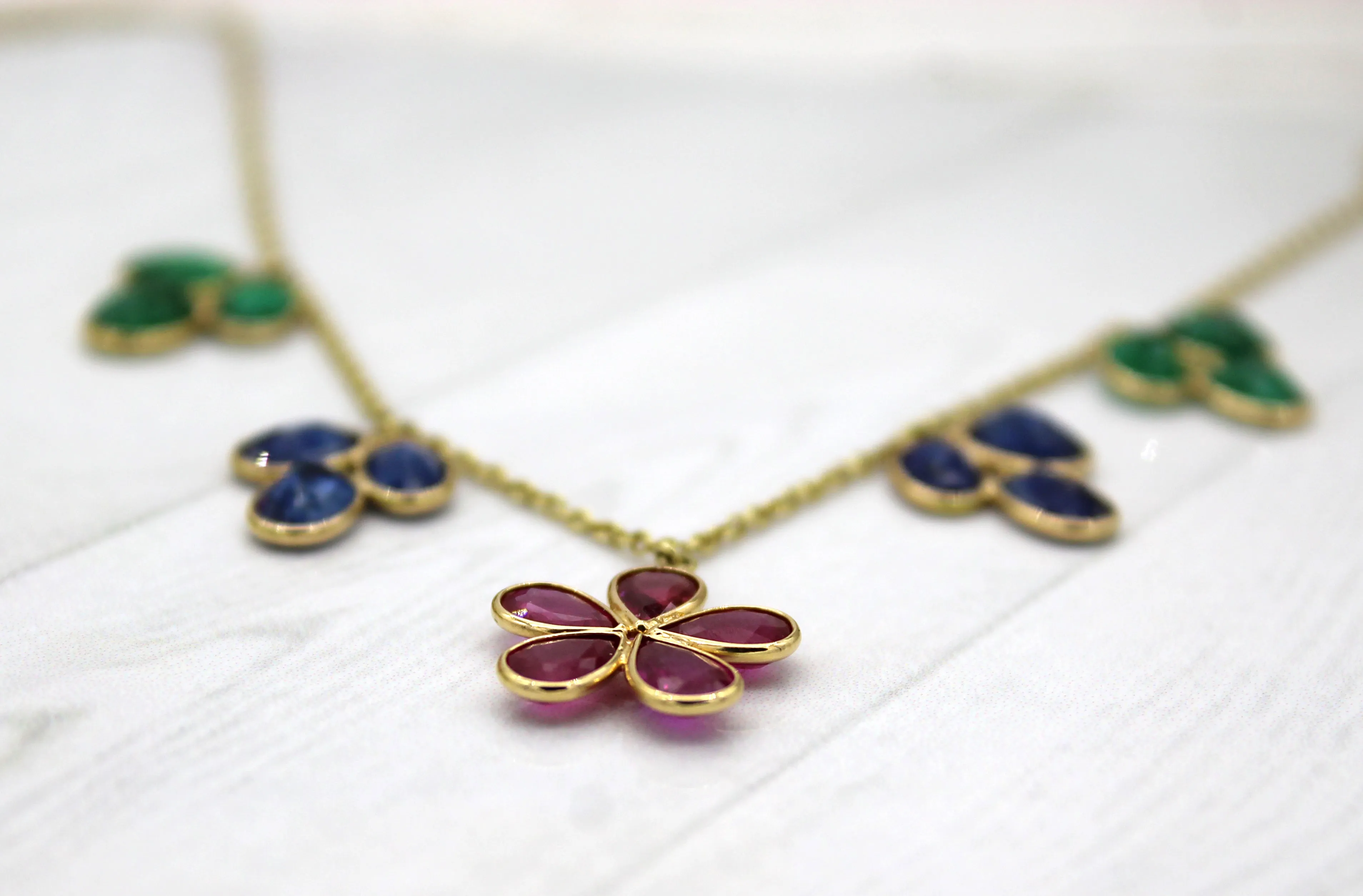 Flower Necklace Natural Ruby Blue Sapphire Emerald 18k Solid Yellow Gold