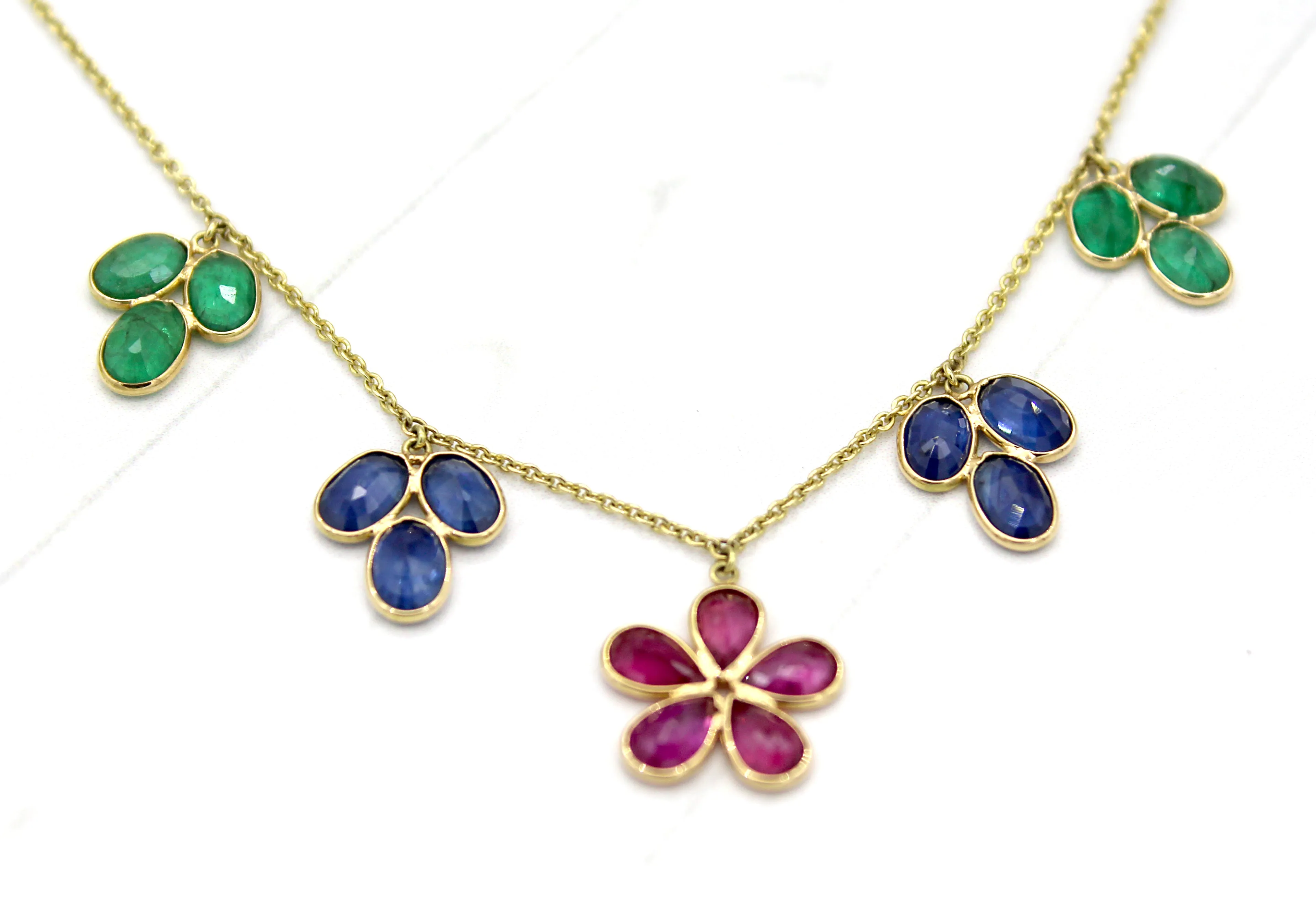 Flower Necklace Natural Ruby Blue Sapphire Emerald 18k Solid Yellow Gold