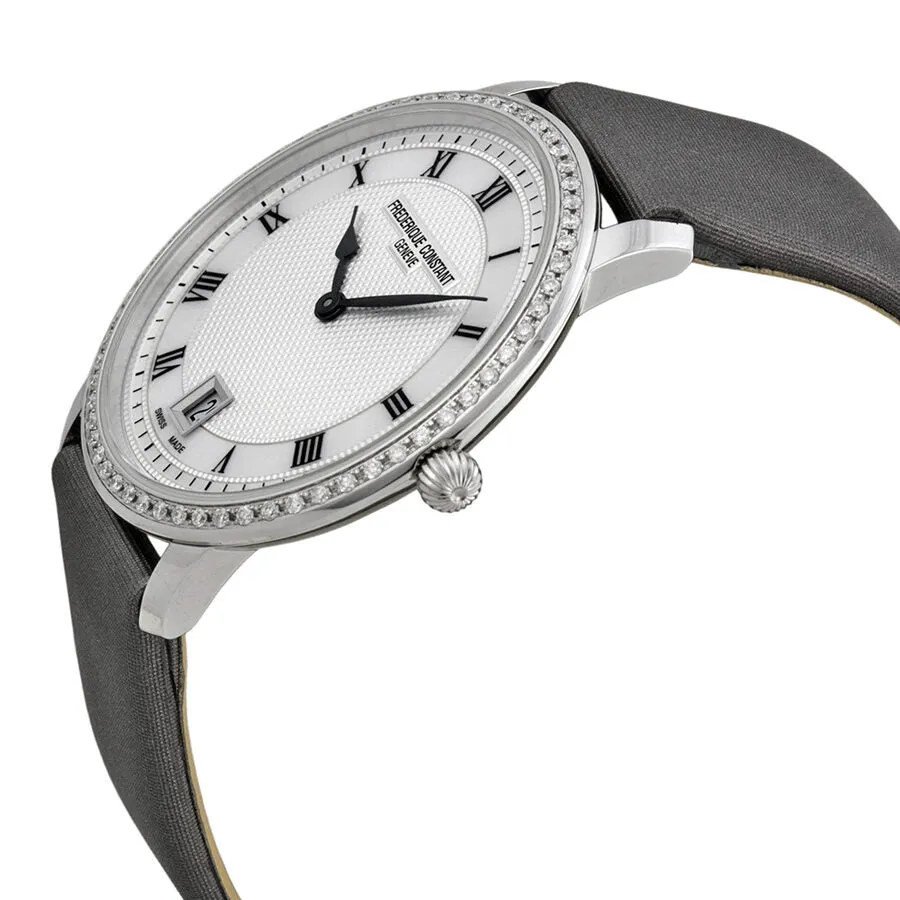 Frederique Constant Slim Line Silver Guilloche Dial Grey Satin Ladies Watch FC-220M4SD36