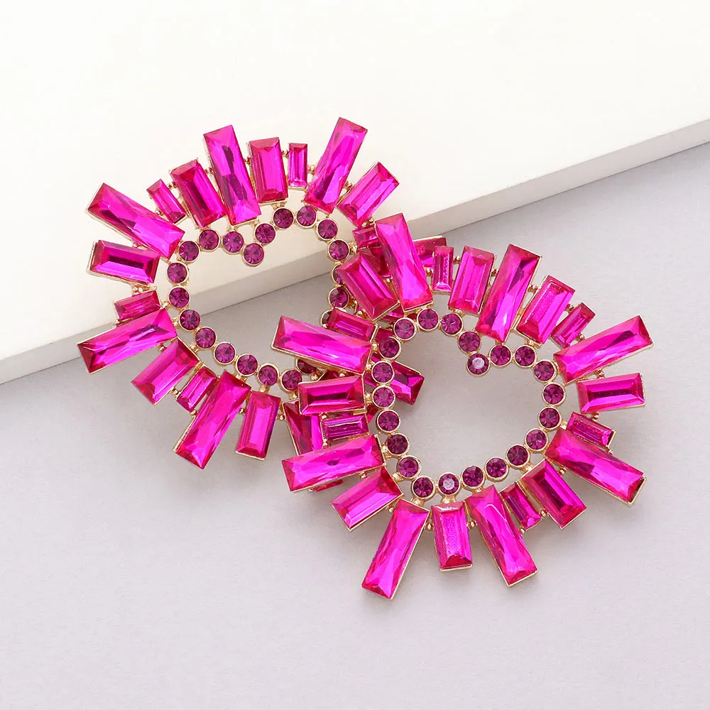 Fuchsia Crystal Stone Cluster Heart Pageant Earrings | Prom Earrings |  604439