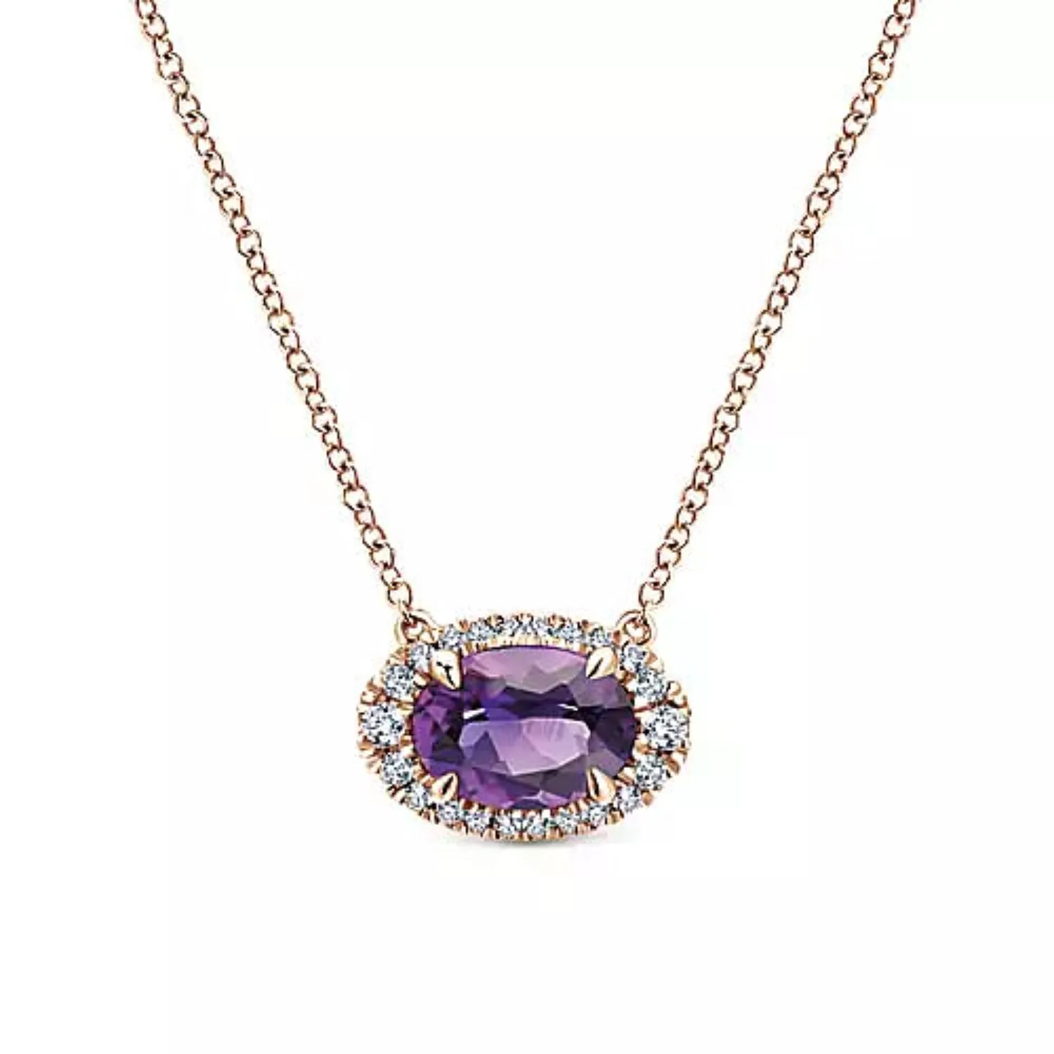 Gabriel & Co. Oval Cut Amethyst & Diamond Halo Pendant