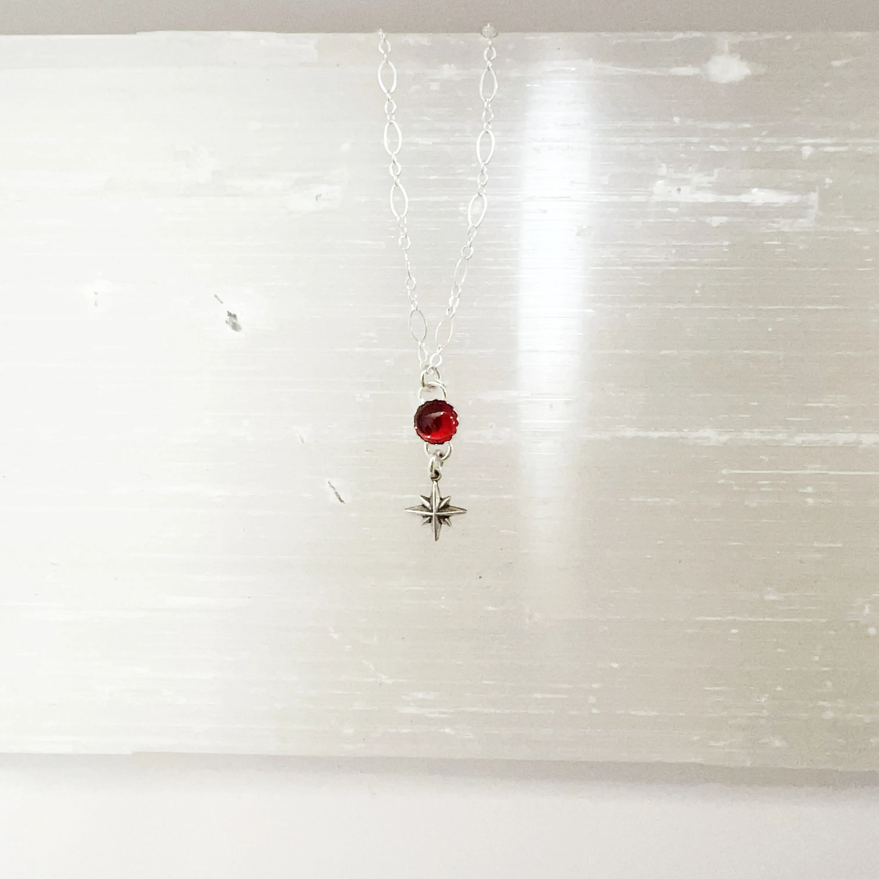 Garnet Gemstone and Starburst Sterling Silver Layering Necklace