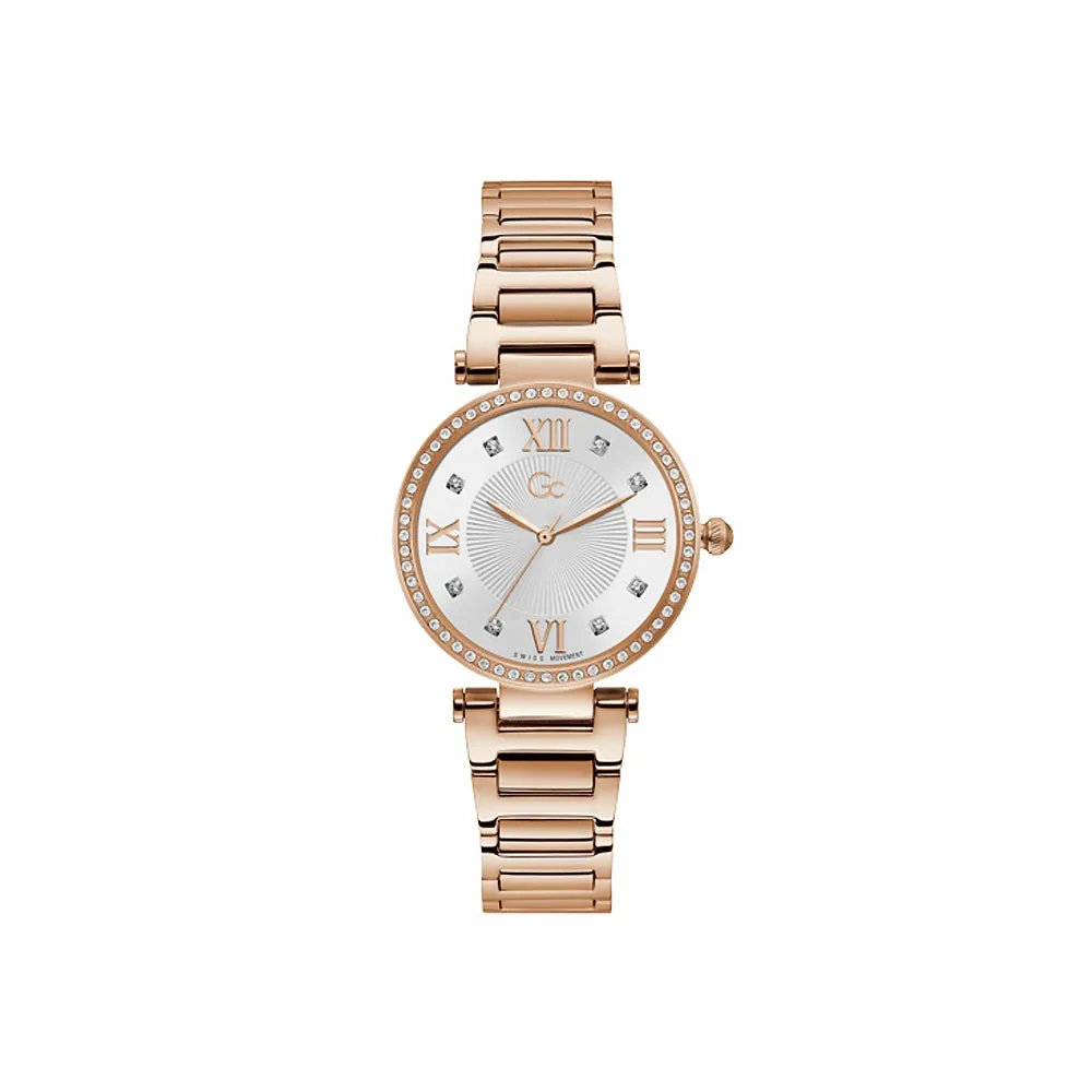 Gc Ladies Quartz Watch Full Rose Gold Plated Steel Case & Bracelet With White Sun Ray Dial