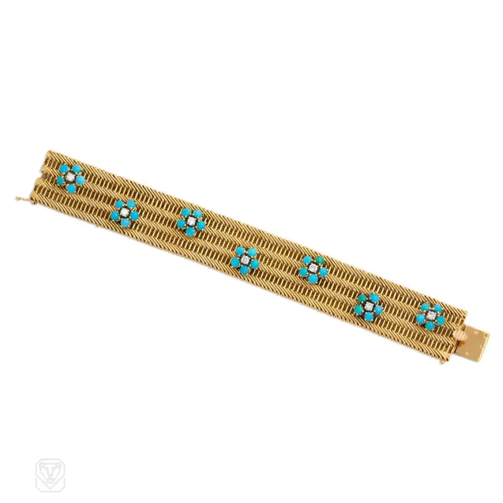 Gold bracelet with turquoise and diamond flower clusters