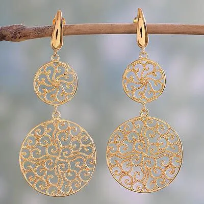 Gold Plated Dangle Earrings, 'Golden Wave'