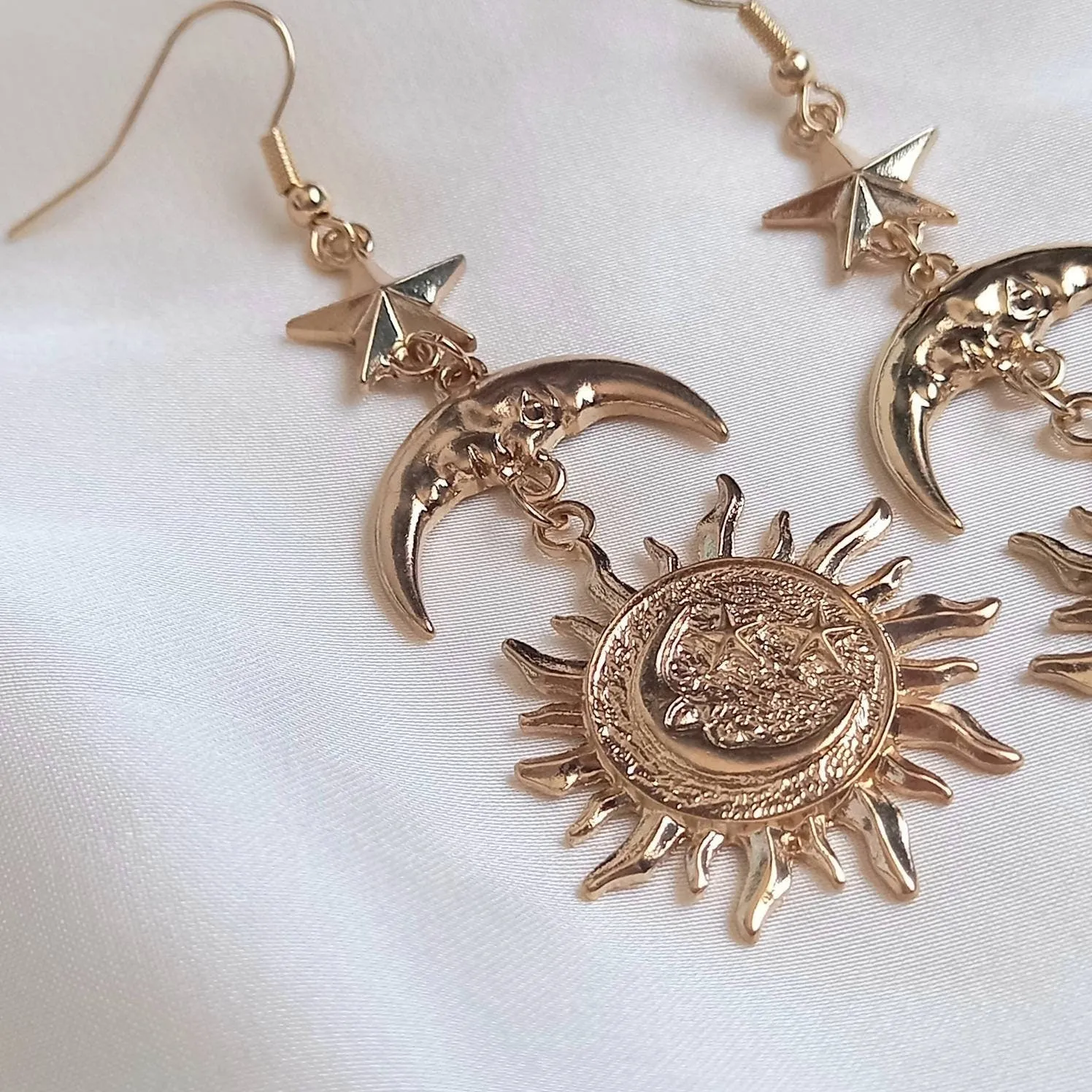 Gold Sun Moon Star Drop Earrings - Lightweight Drop Earrings, Gold Sun Earrings, Moon Earrings, Gold Star Earrings In The UK, Gold Jewellery