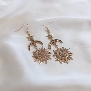 Gold Sun Moon Star Drop Earrings - Lightweight Drop Earrings, Gold Sun Earrings, Moon Earrings, Gold Star Earrings In The UK, Gold Jewellery