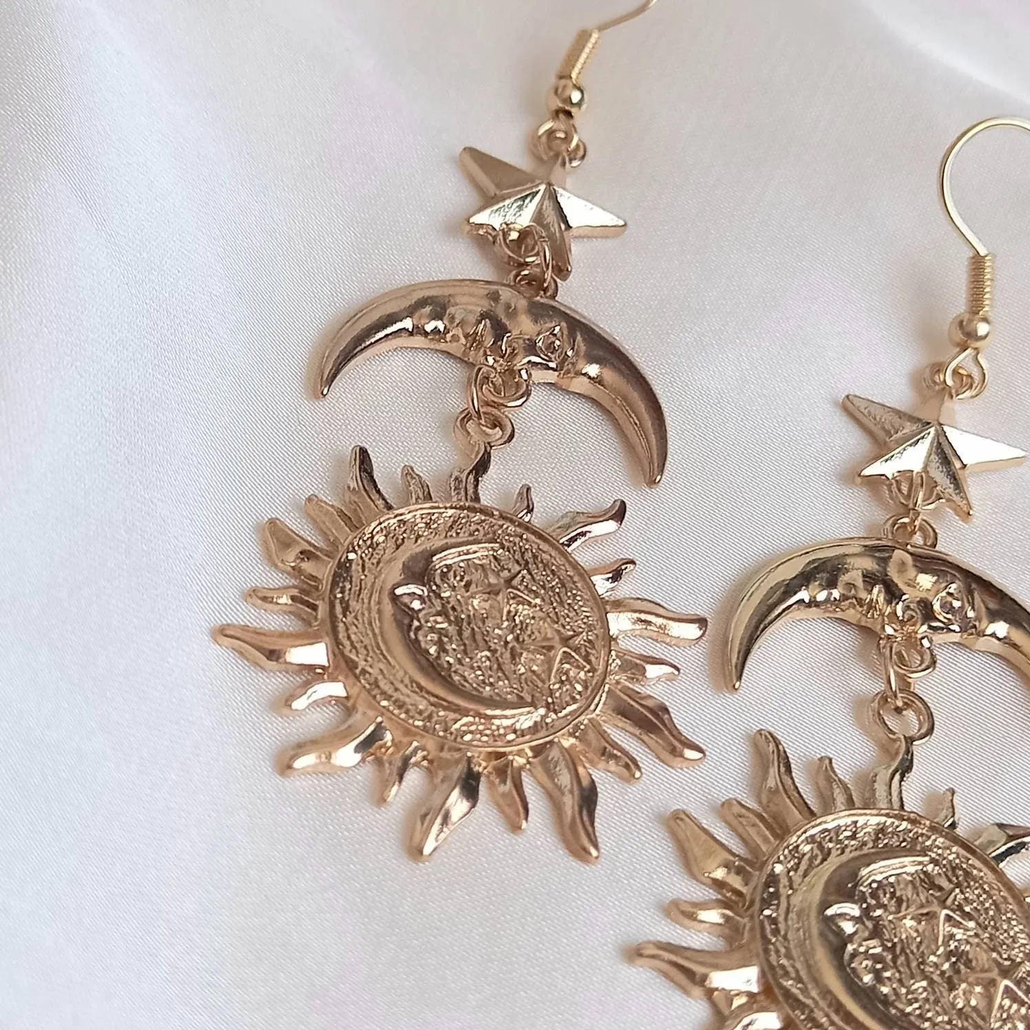 Gold Sun Moon Star Drop Earrings - Lightweight Drop Earrings, Gold Sun Earrings, Moon Earrings, Gold Star Earrings In The UK, Gold Jewellery