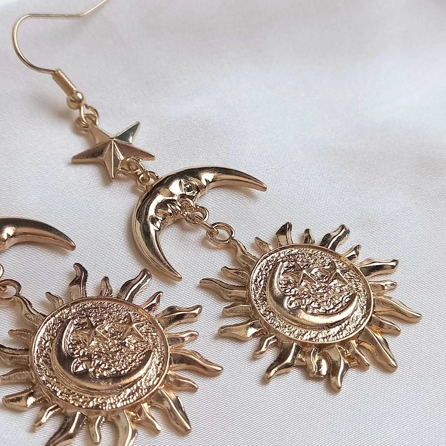 Gold Sun Moon Star Drop Earrings - Lightweight Drop Earrings, Gold Sun Earrings, Moon Earrings, Gold Star Earrings In The UK, Gold Jewellery