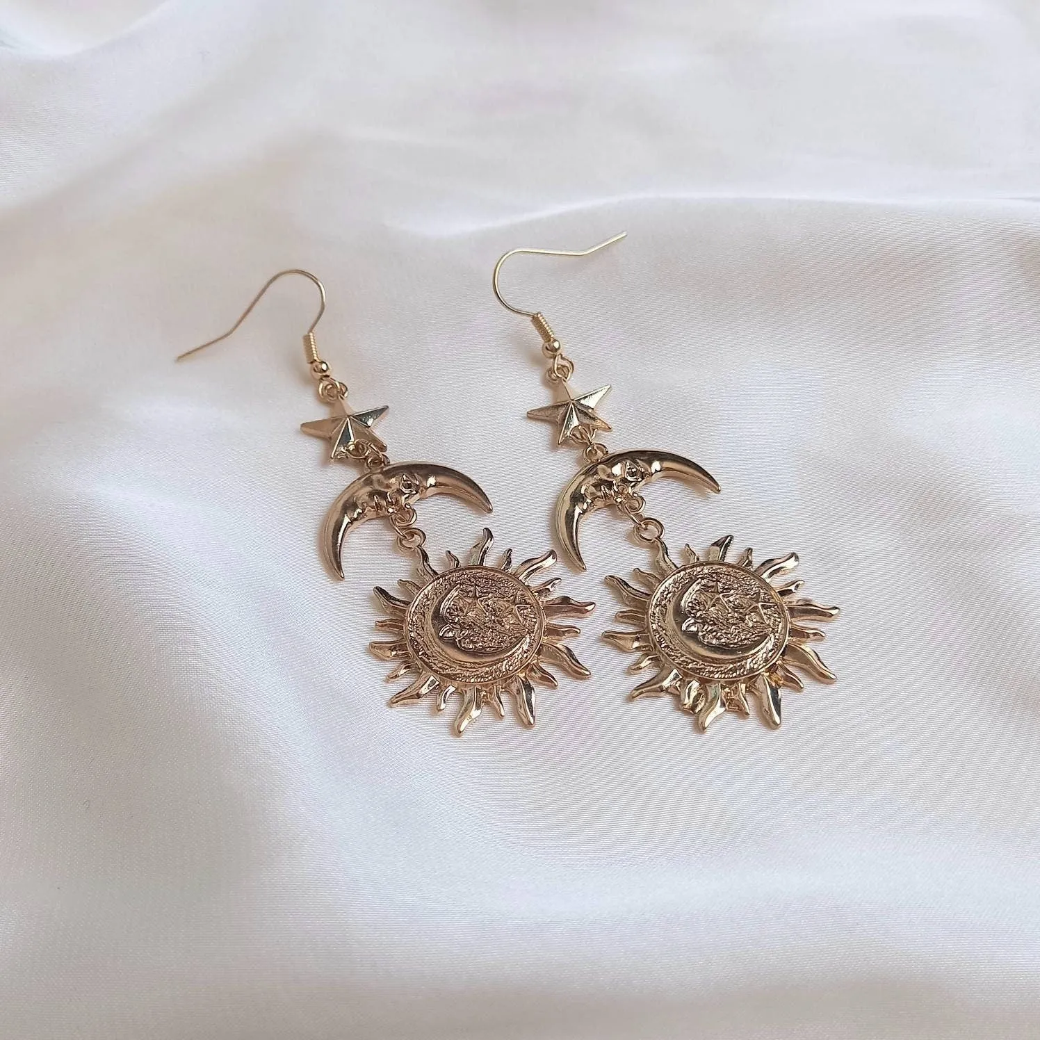 Gold Sun Moon Star Drop Earrings - Lightweight Drop Earrings, Gold Sun Earrings, Moon Earrings, Gold Star Earrings In The UK, Gold Jewellery