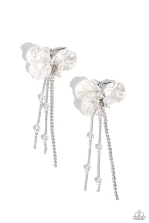 Graceful Gesture - White - Acrylic Flower Petal with Pearl and Rhinestone Tassel Paparazzi Post Earrings