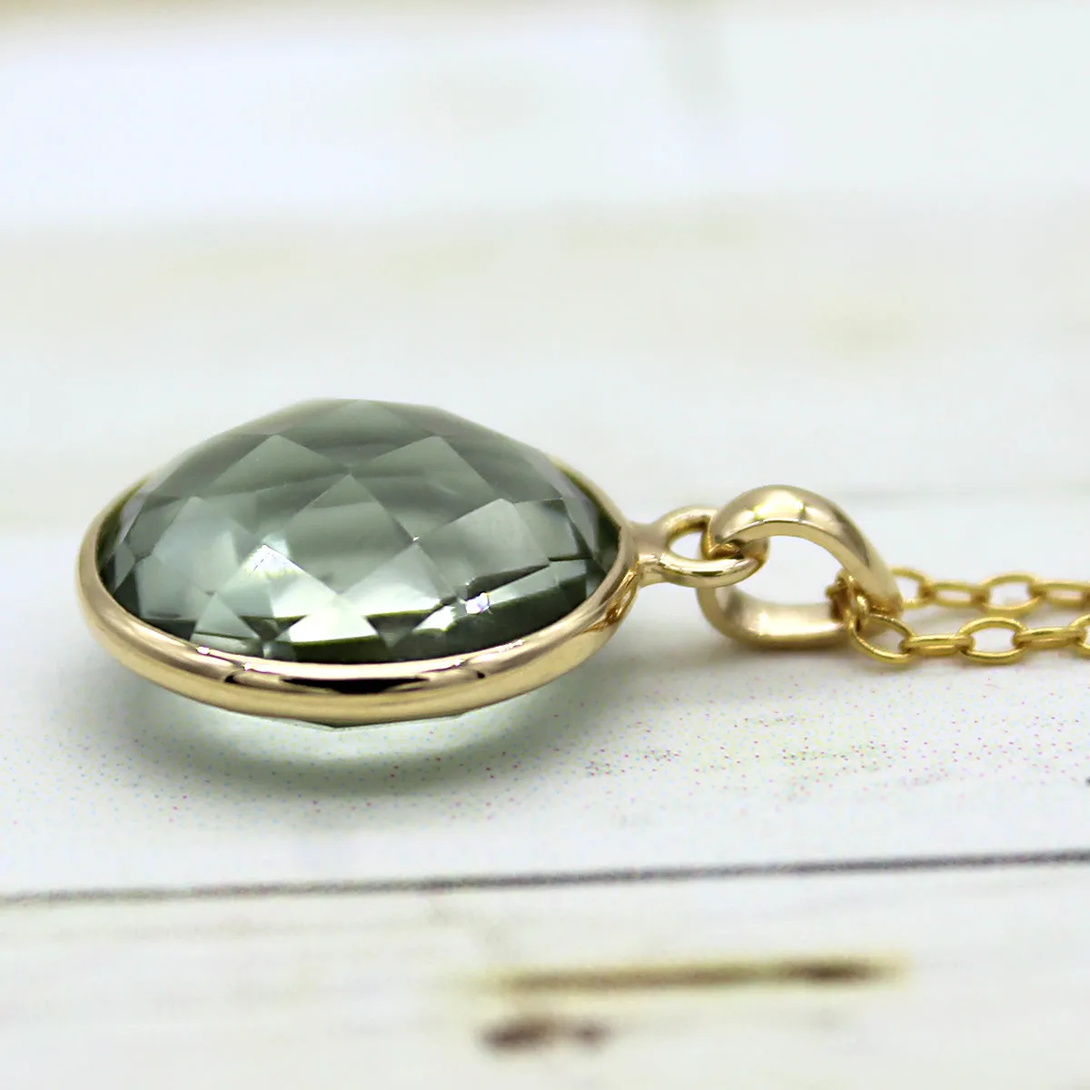 Green Amethyst Pendant Necklace 18k Solid Yellow Gold
