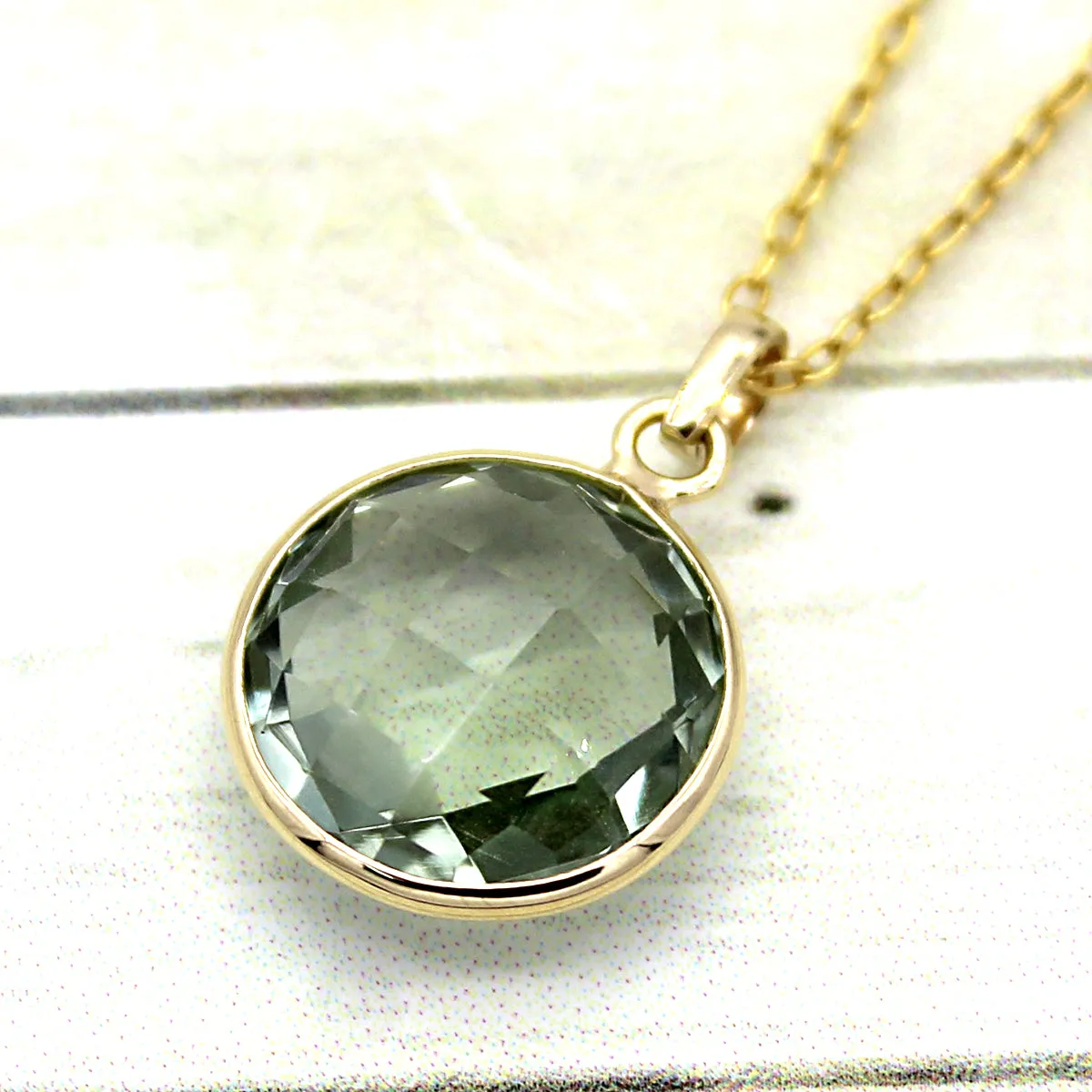 Green Amethyst Pendant Necklace 18k Solid Yellow Gold