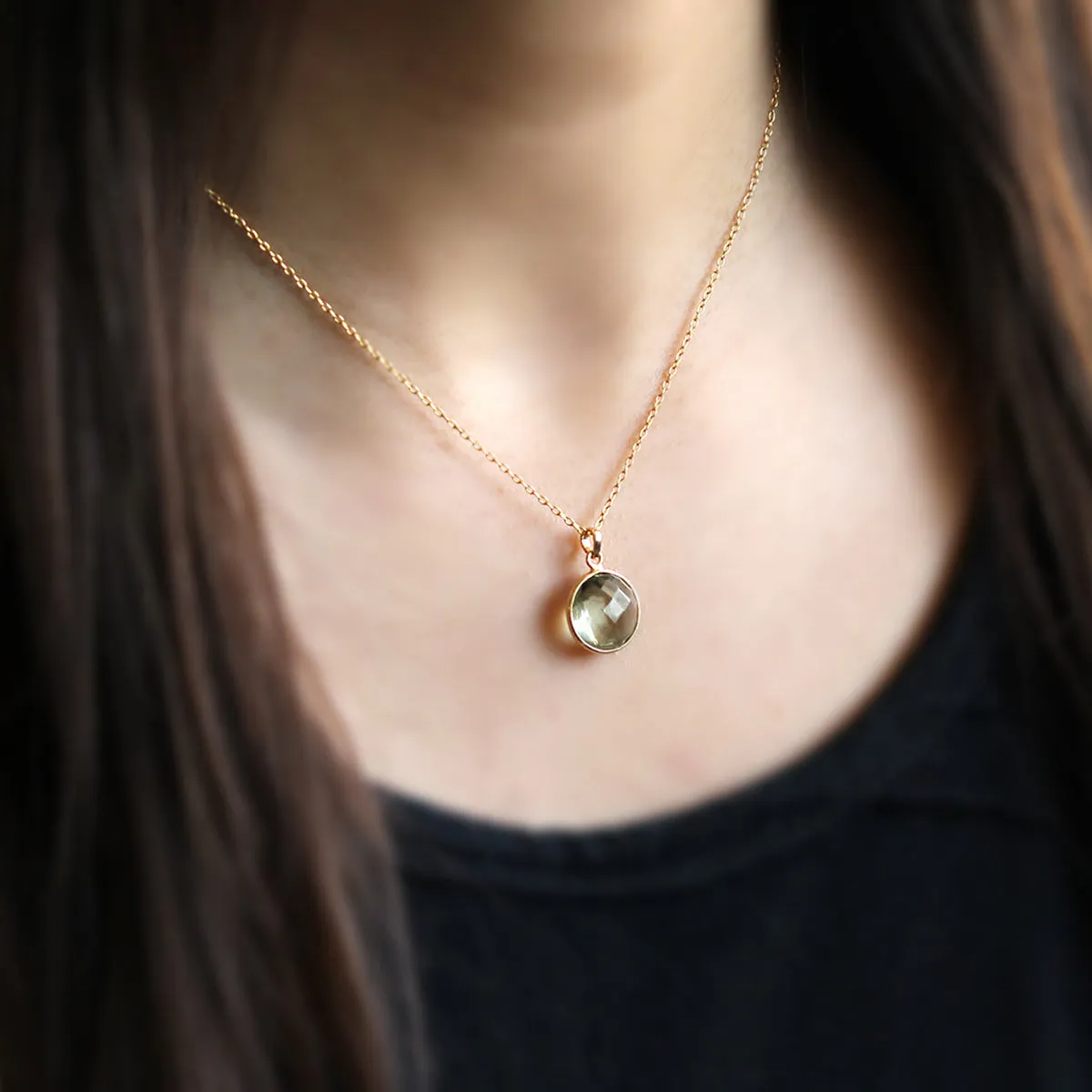 Green Amethyst Pendant Necklace 18k Solid Yellow Gold
