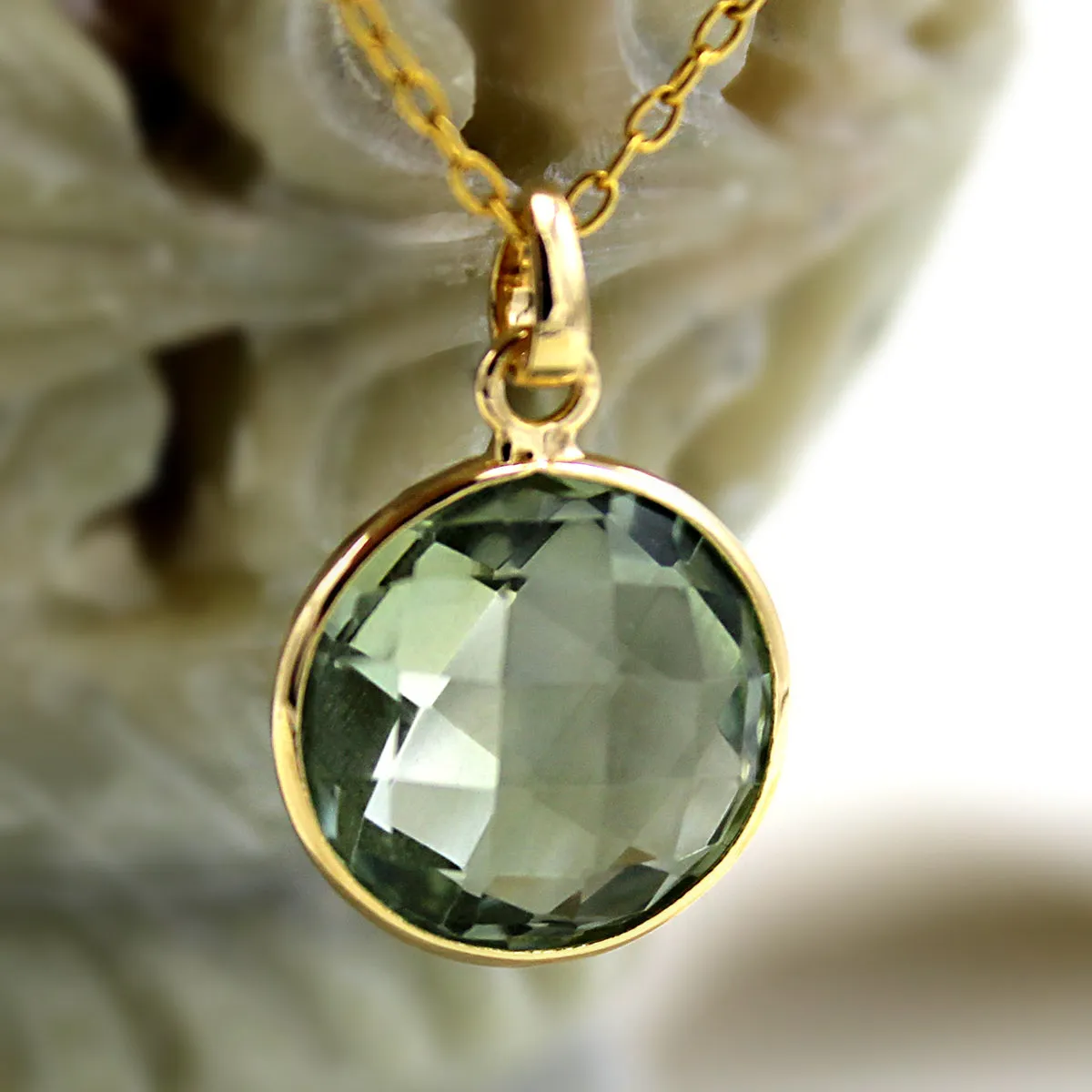 Green Amethyst Pendant Necklace 18k Solid Yellow Gold