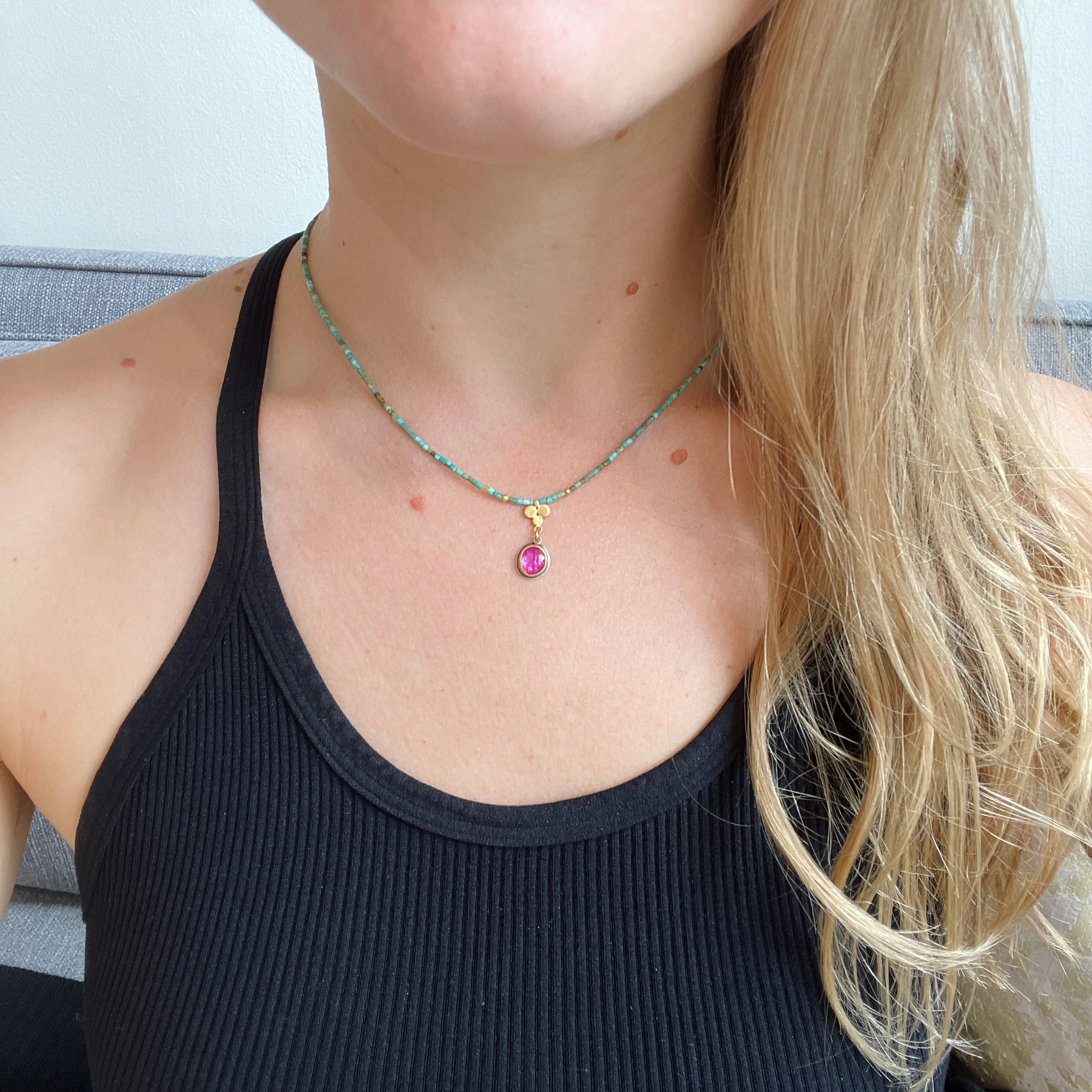 Green Turquoise Heishi Beaded Necklace with Ruby Charm
