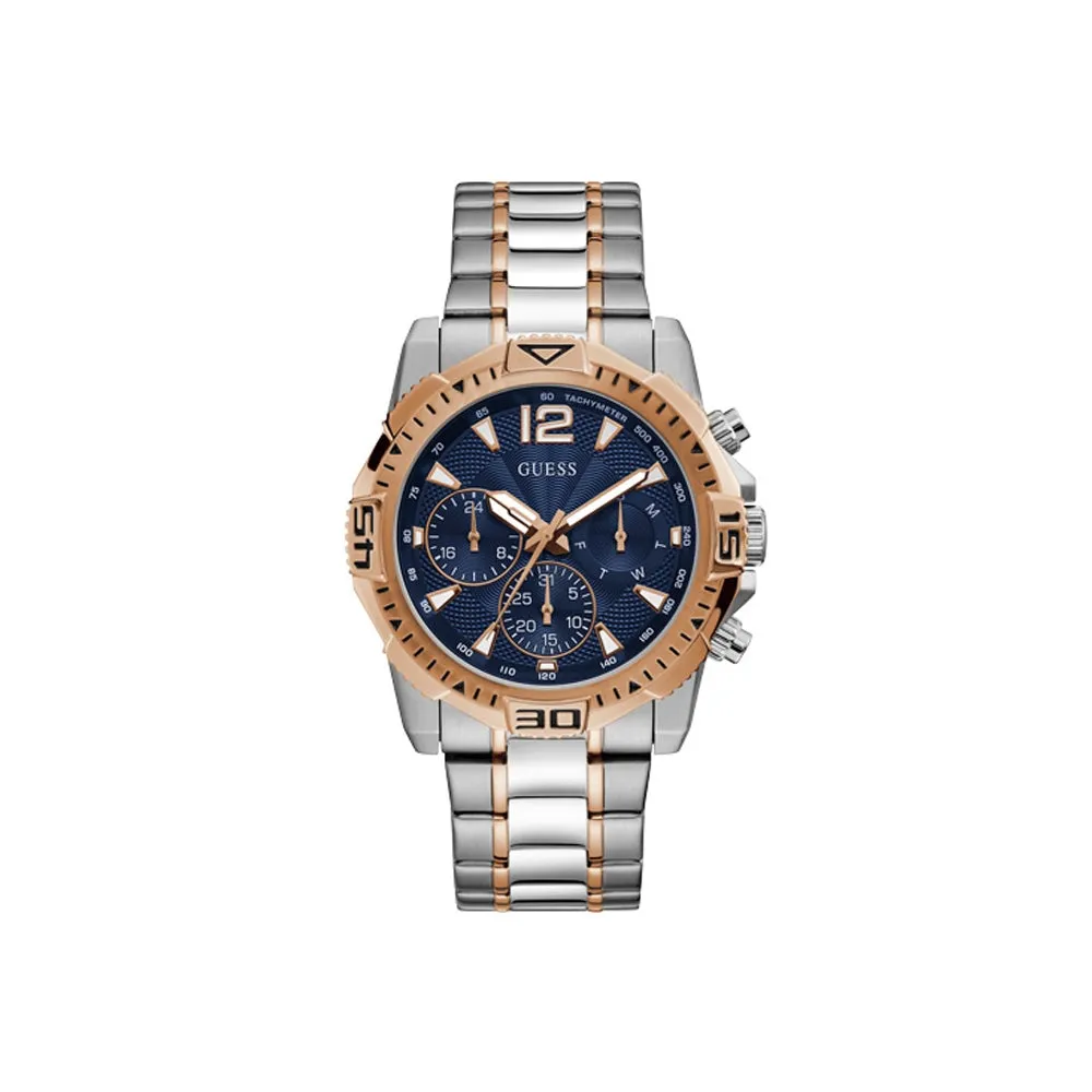 Guess Men's Tachymeter Watch Two Tone Rose Gold/Silver Plated Case & Bracelet With Sun Blue Dial