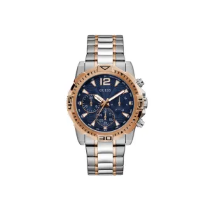 Guess Men's Tachymeter Watch Two Tone Rose Gold/Silver Plated Case & Bracelet With Sun Blue Dial