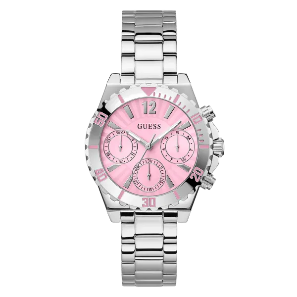 Guess Phoebe Silver Stainless Steel Pink Dial Chronograph Quartz Watch for Ladies - GW0696L1
