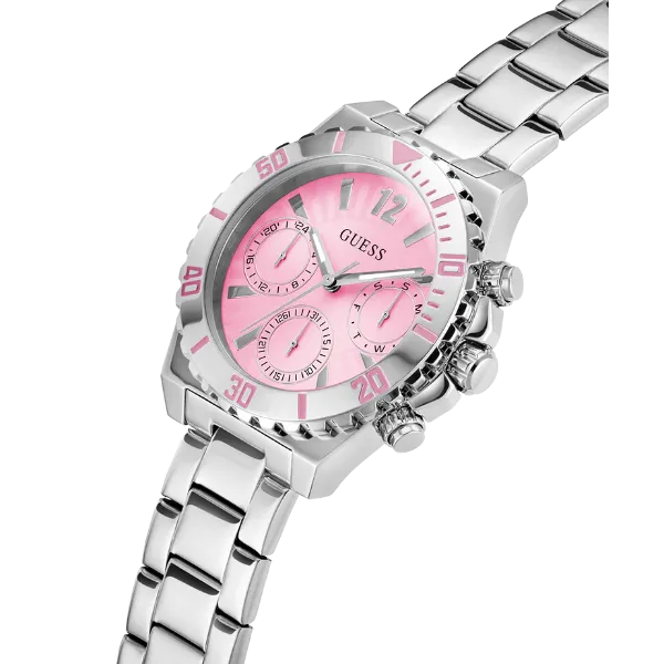 Guess Phoebe Silver Stainless Steel Pink Dial Chronograph Quartz Watch for Ladies - GW0696L1