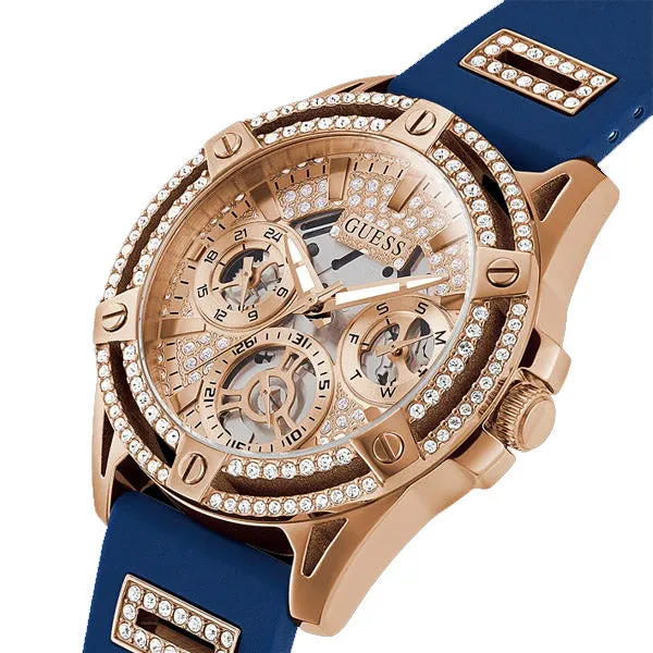 Guess Queen Blue Silicone Strap Rose Gold Dial Quartz Watch for Ladies - GW0536L5