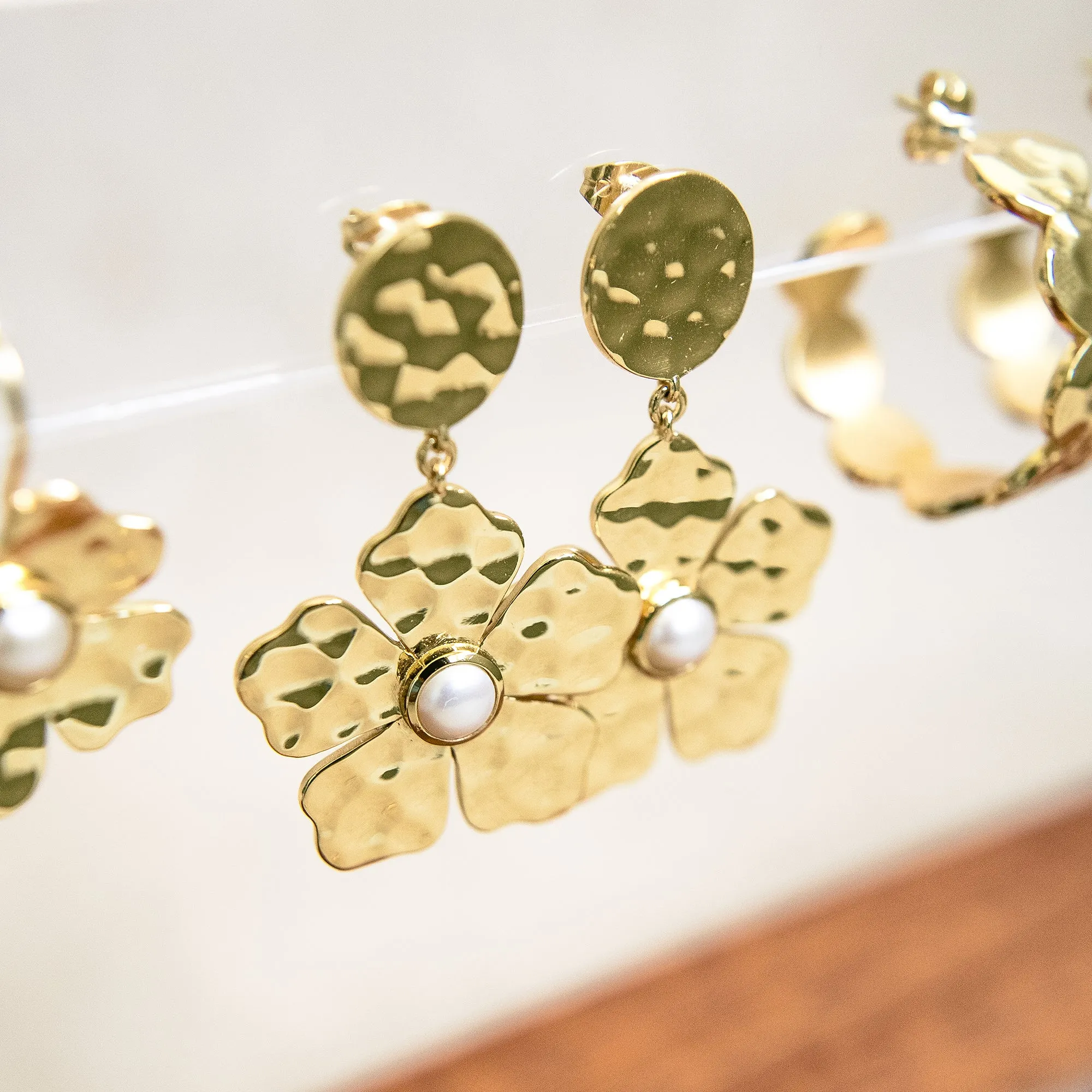 Hammered Gold Belle Flower Drop Earrings in Pearl