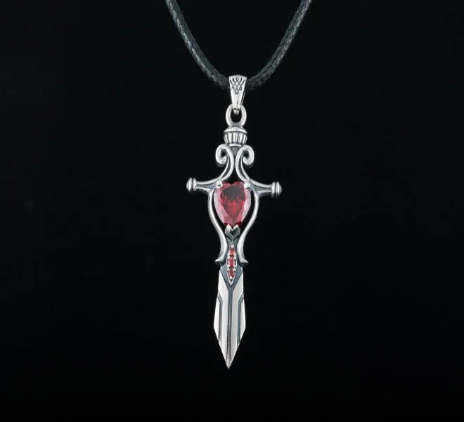 Handcrafted Sterling Silver Viking Sword Pendant | Red Cubic Zirconia