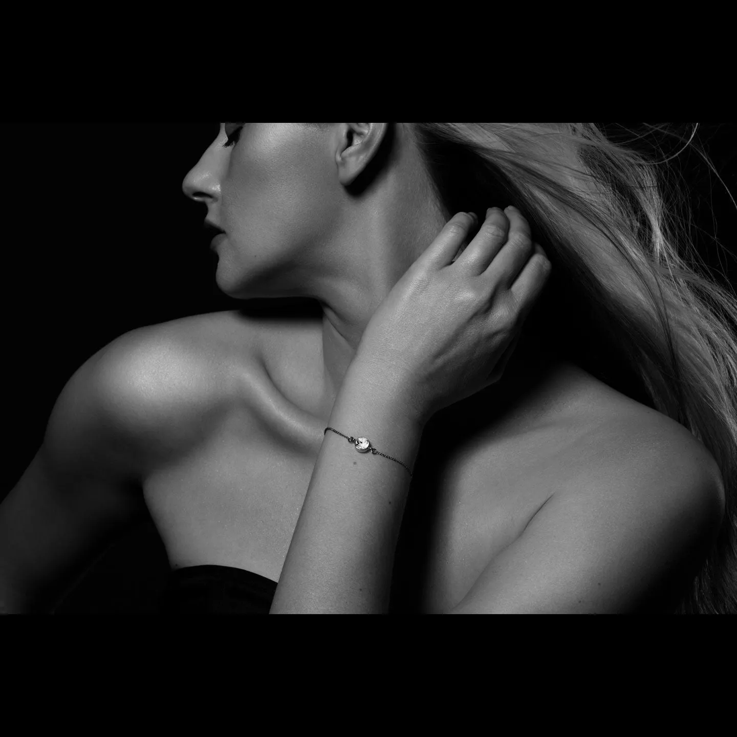 Harley Chain Bracelet with Black Jet Round Crystals from Swarovski Silver Toned Rhodium Plated