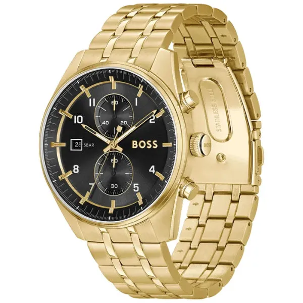 Hugo Boss Skytraveller Gold Stainless Steel Black Dial Chronograph Quartz Watch for Gents - Boss 1514152