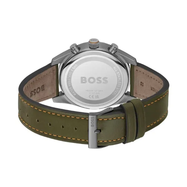 Hugo Boss Skytraveller Green Leather Strap Black Dial Chronograph Quartz Watch for Gents - Boss 1514148
