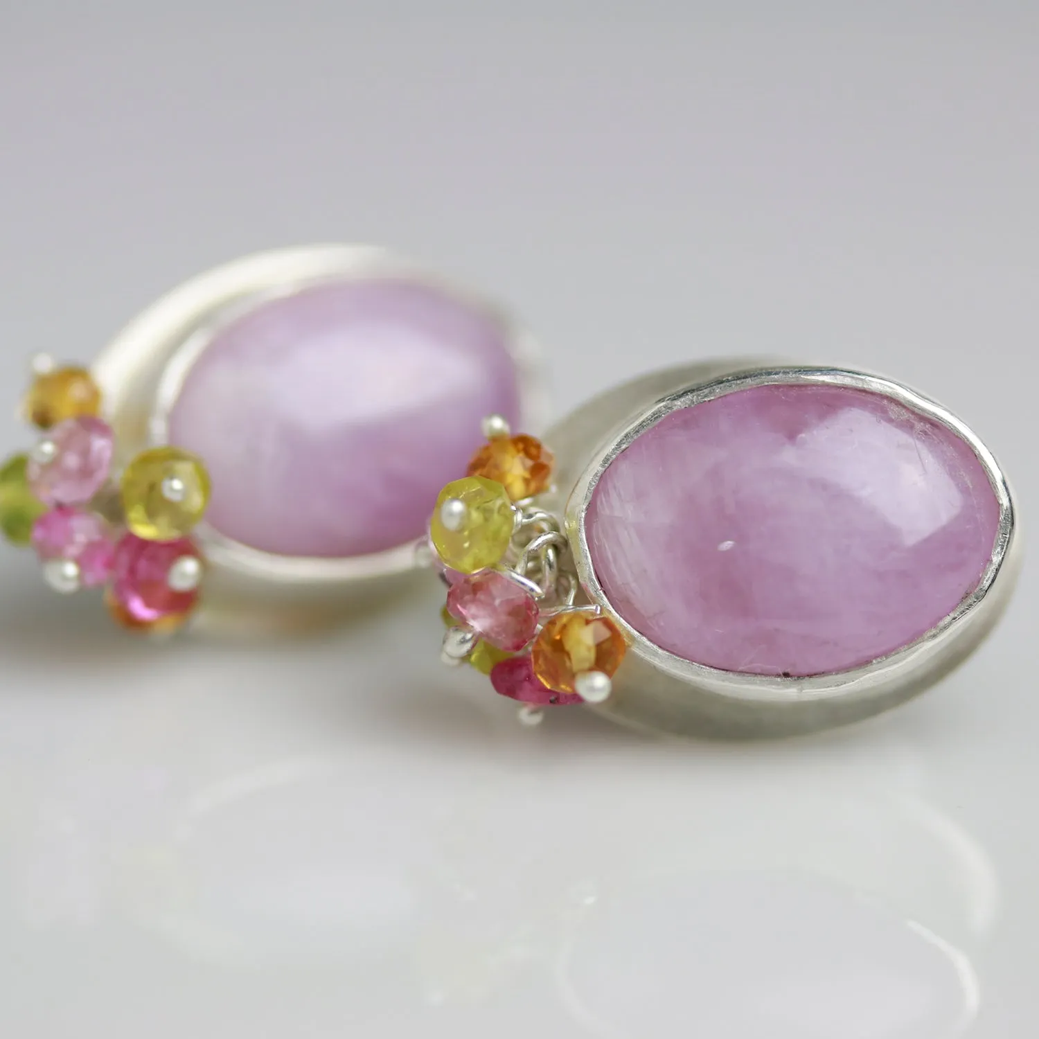 Kunzite Post Earrings with Sapphire Cluster