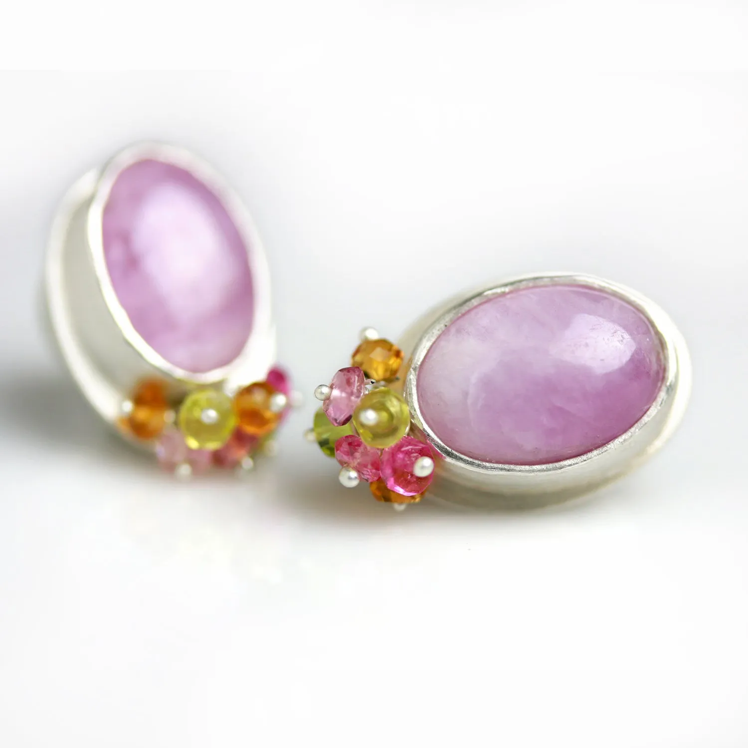 Kunzite Post Earrings with Sapphire Cluster