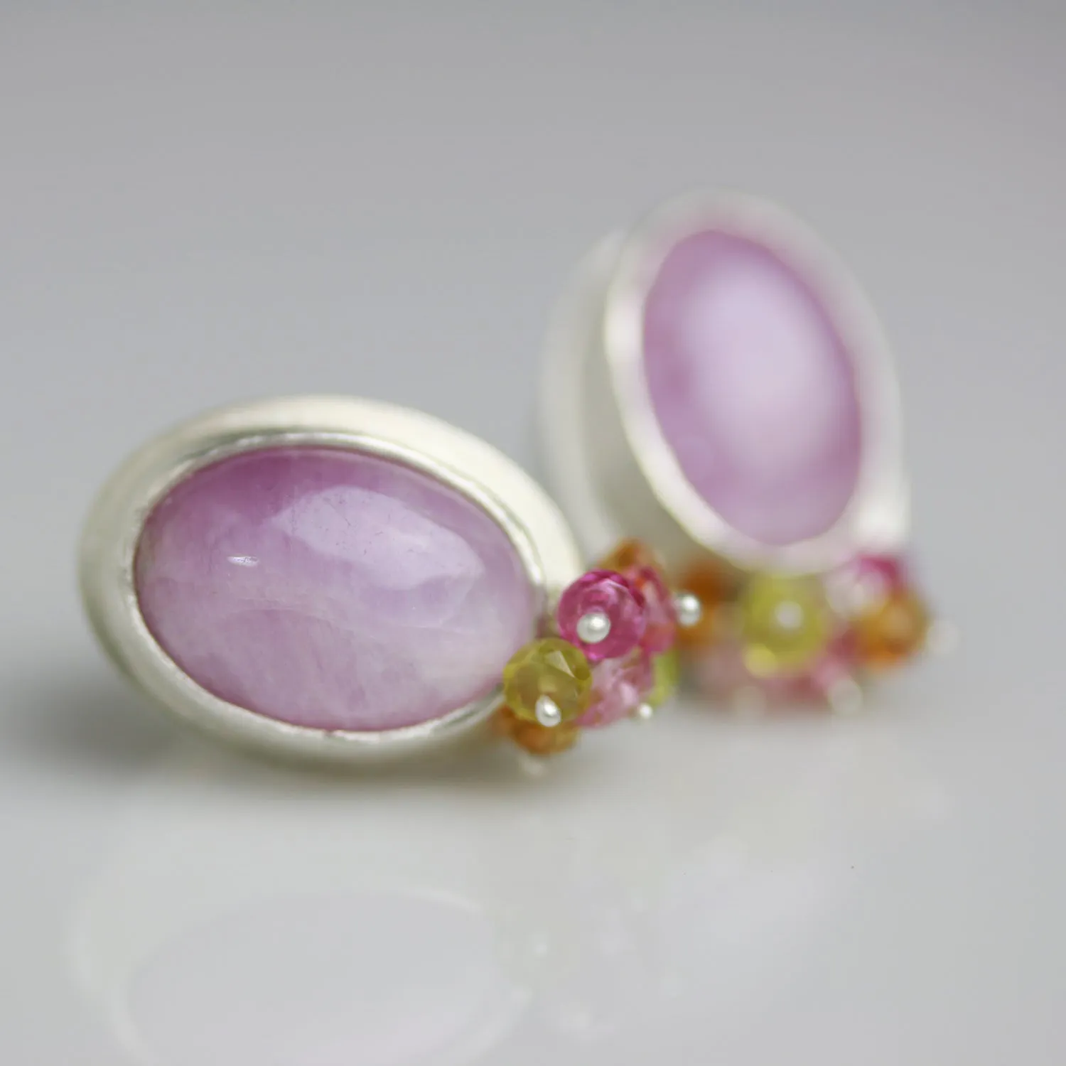 Kunzite Post Earrings with Sapphire Cluster