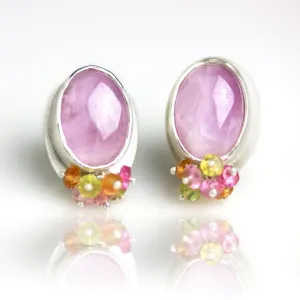 Kunzite Post Earrings with Sapphire Cluster