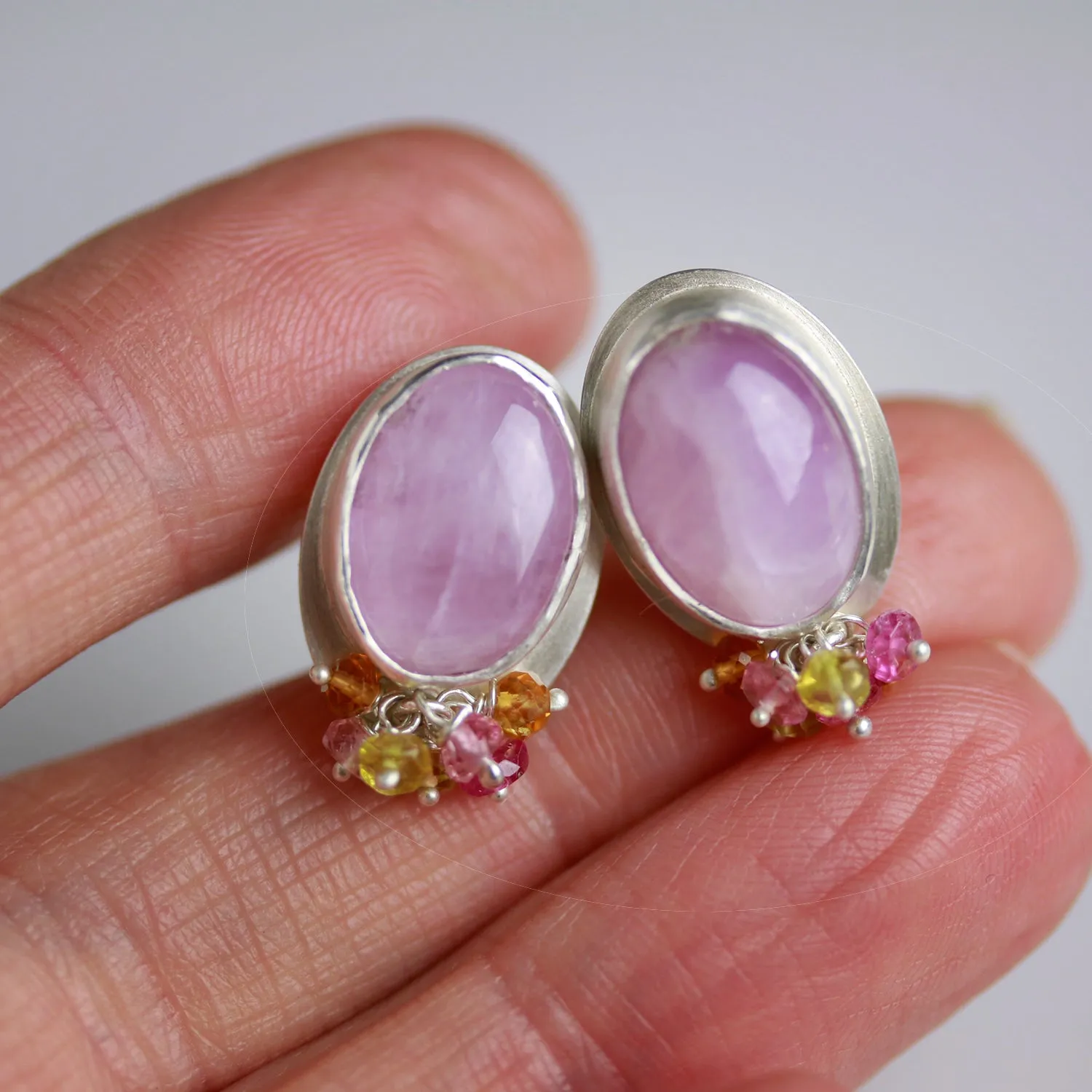 Kunzite Post Earrings with Sapphire Cluster