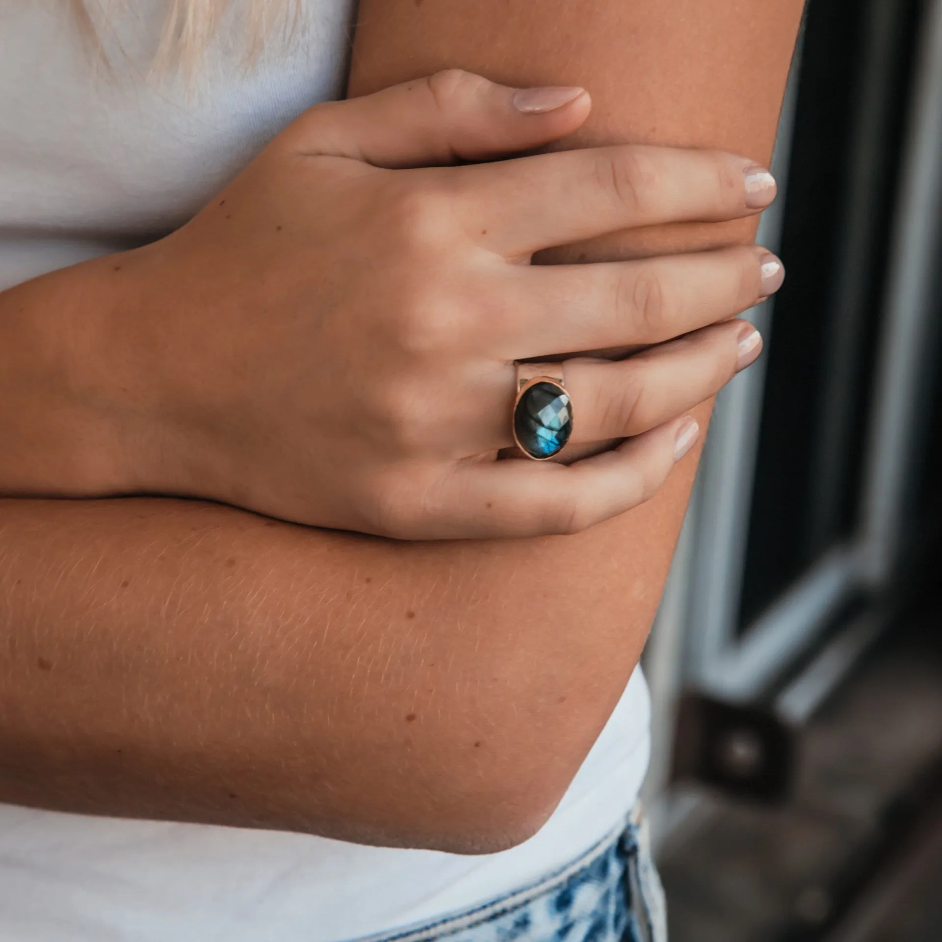 Labradorite Mixed Metal Ring 8.6 Carat Natural Green Labradorite Gemstone Two Tone Solid 9k Yellow Gold & 925 Sterling Silver Solitaire Ring
