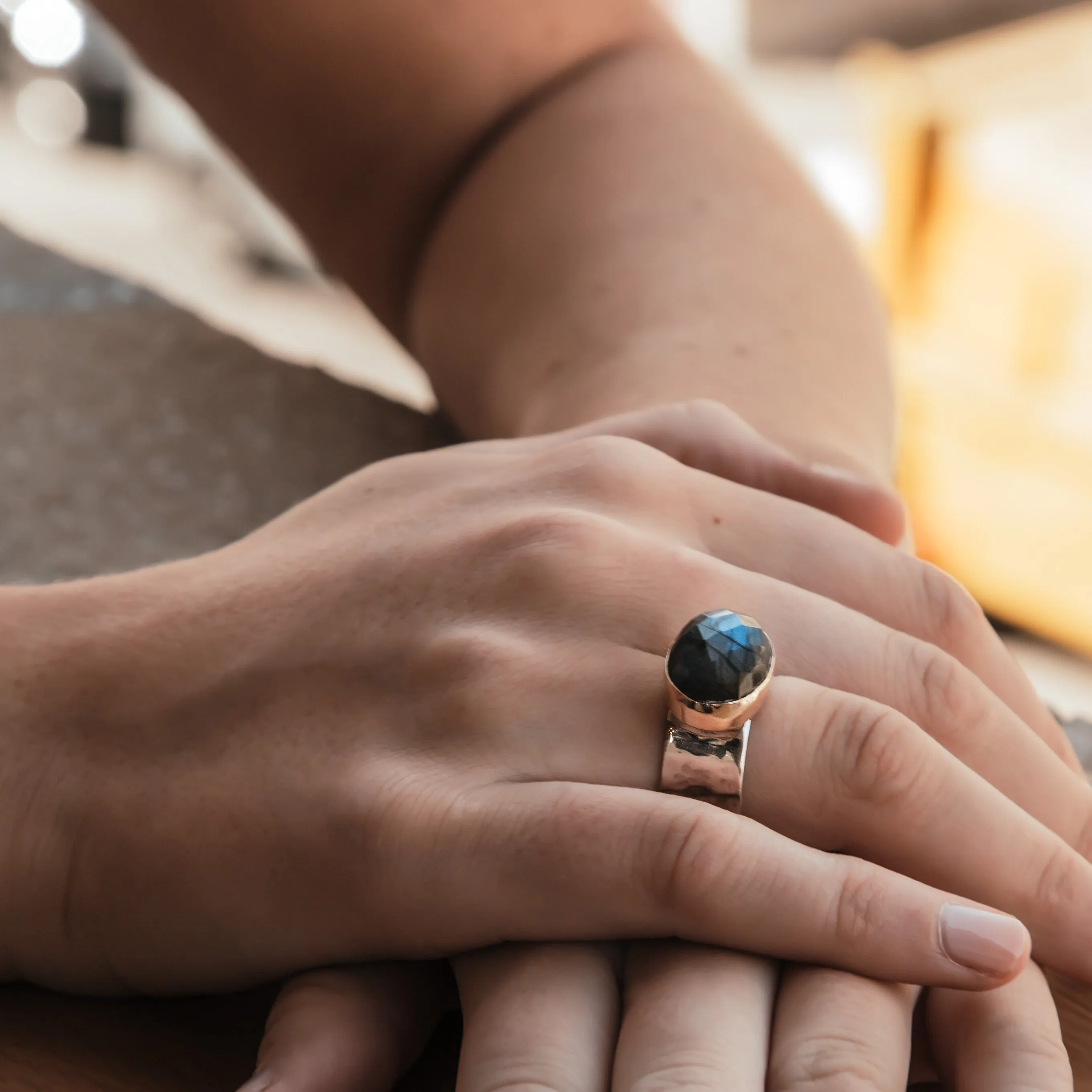 Labradorite Mixed Metal Ring 8.6 Carat Natural Green Labradorite Gemstone Two Tone Solid 9k Yellow Gold & 925 Sterling Silver Solitaire Ring