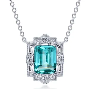 Lafonn Lab-Grown Emerald Cut Teal Sapphire Halo Necklace