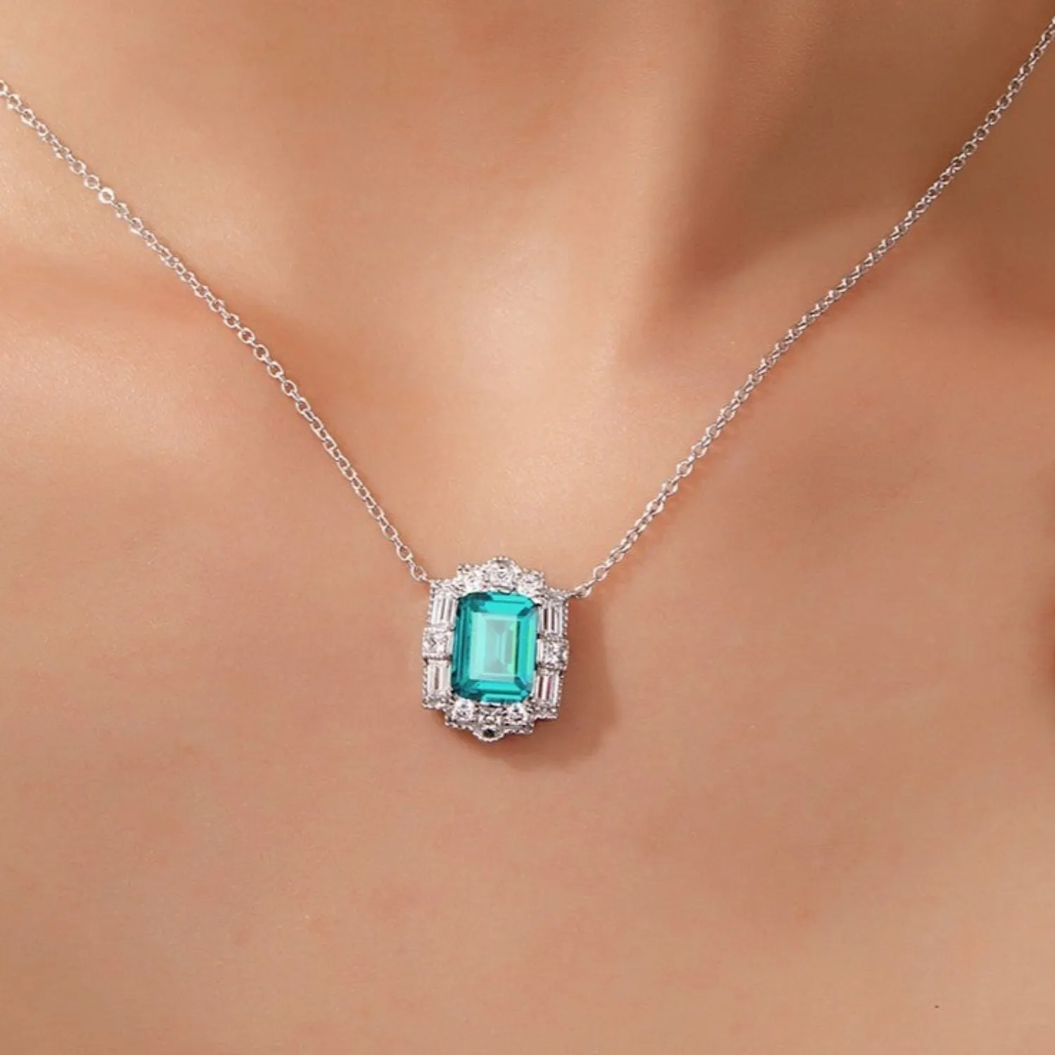 Lafonn Lab-Grown Emerald Cut Teal Sapphire Halo Necklace