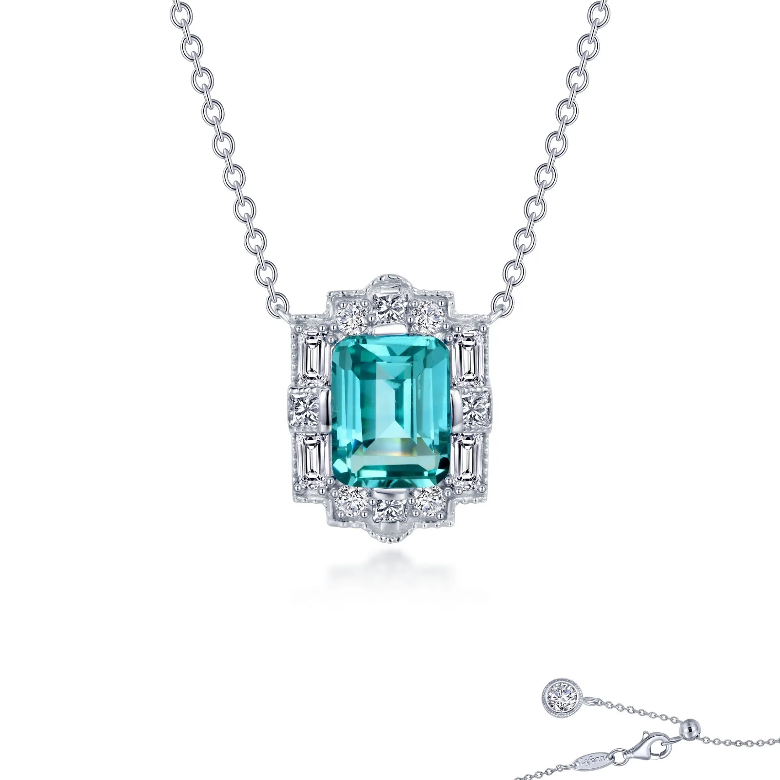 Lafonn Lab-Grown Emerald Cut Teal Sapphire Halo Necklace