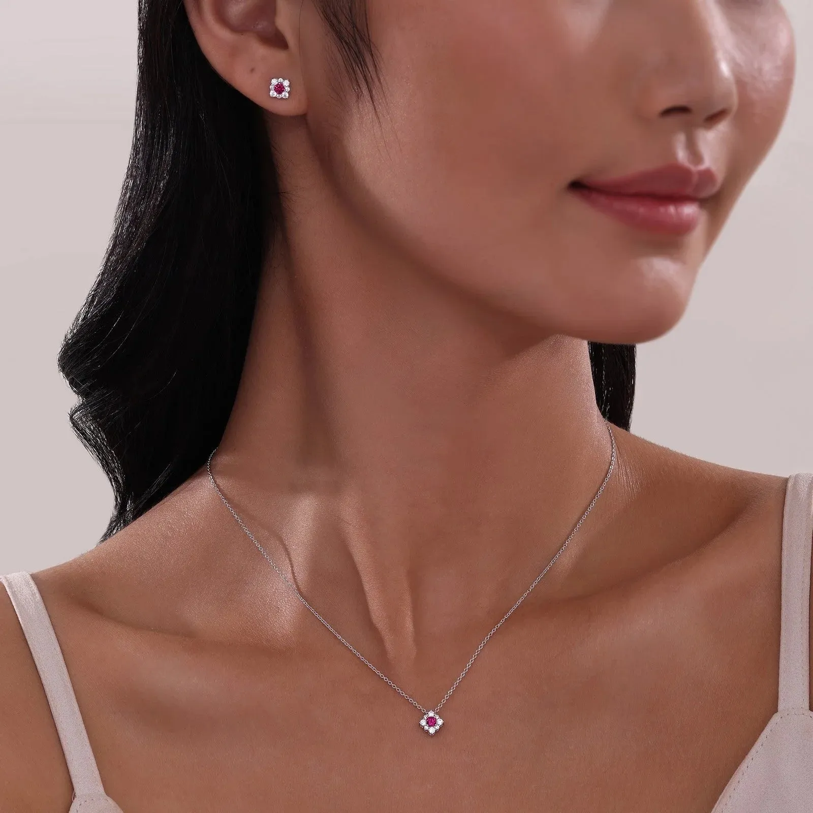 Lafonn Simulated Diamond & Ruby Halo Necklace N0324CRP18