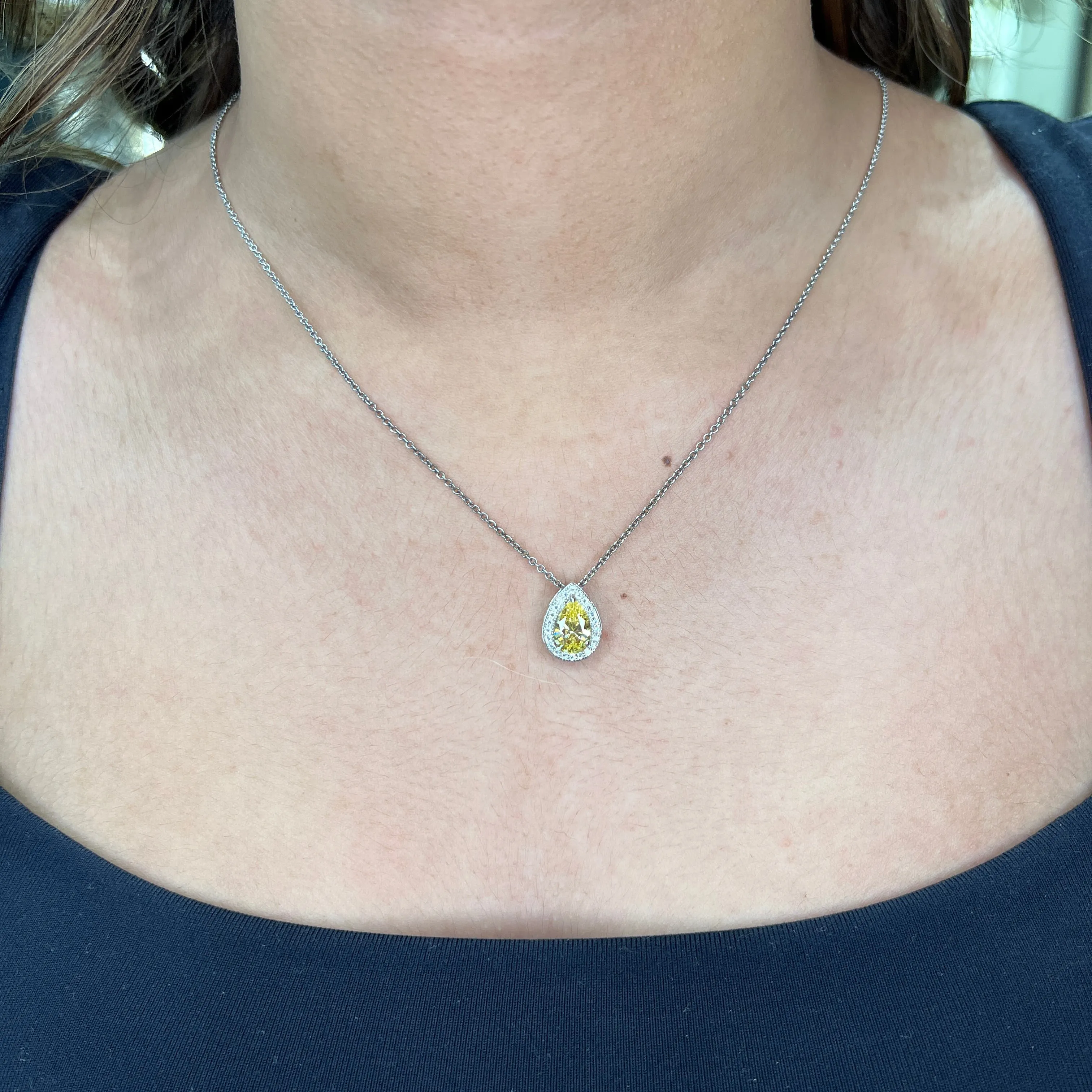 Lafonn Sterling Silver Platinum Plated Simulated Diamonds Halo Teardrop Canary Necklace
