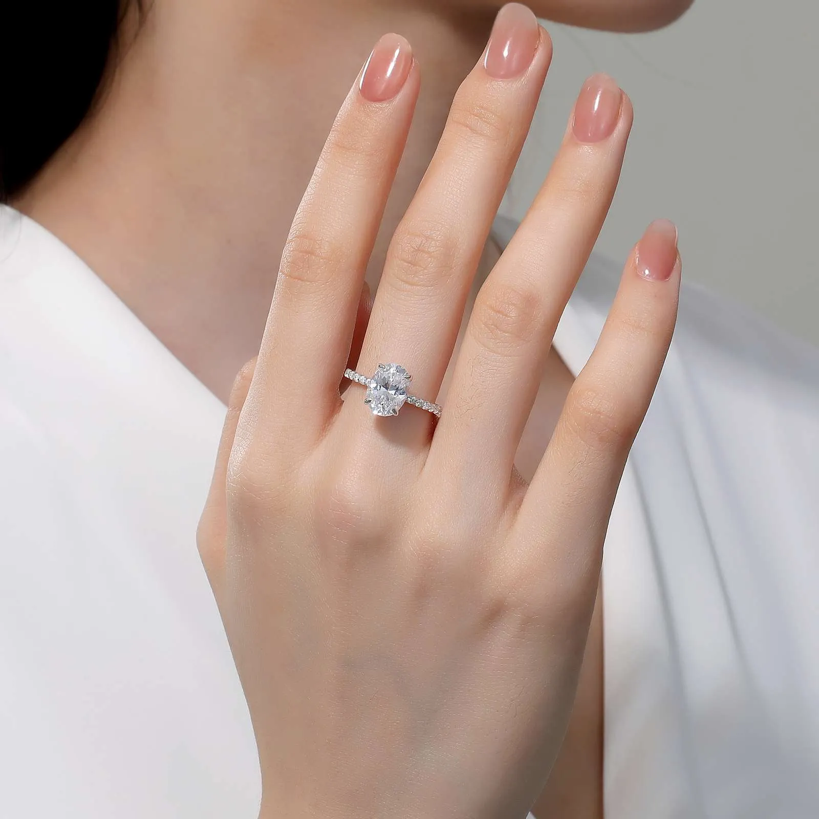 Lafonn Sterling Silver Platinum Plated Simulated Diamonds Oval Solitaire Engagement Ring