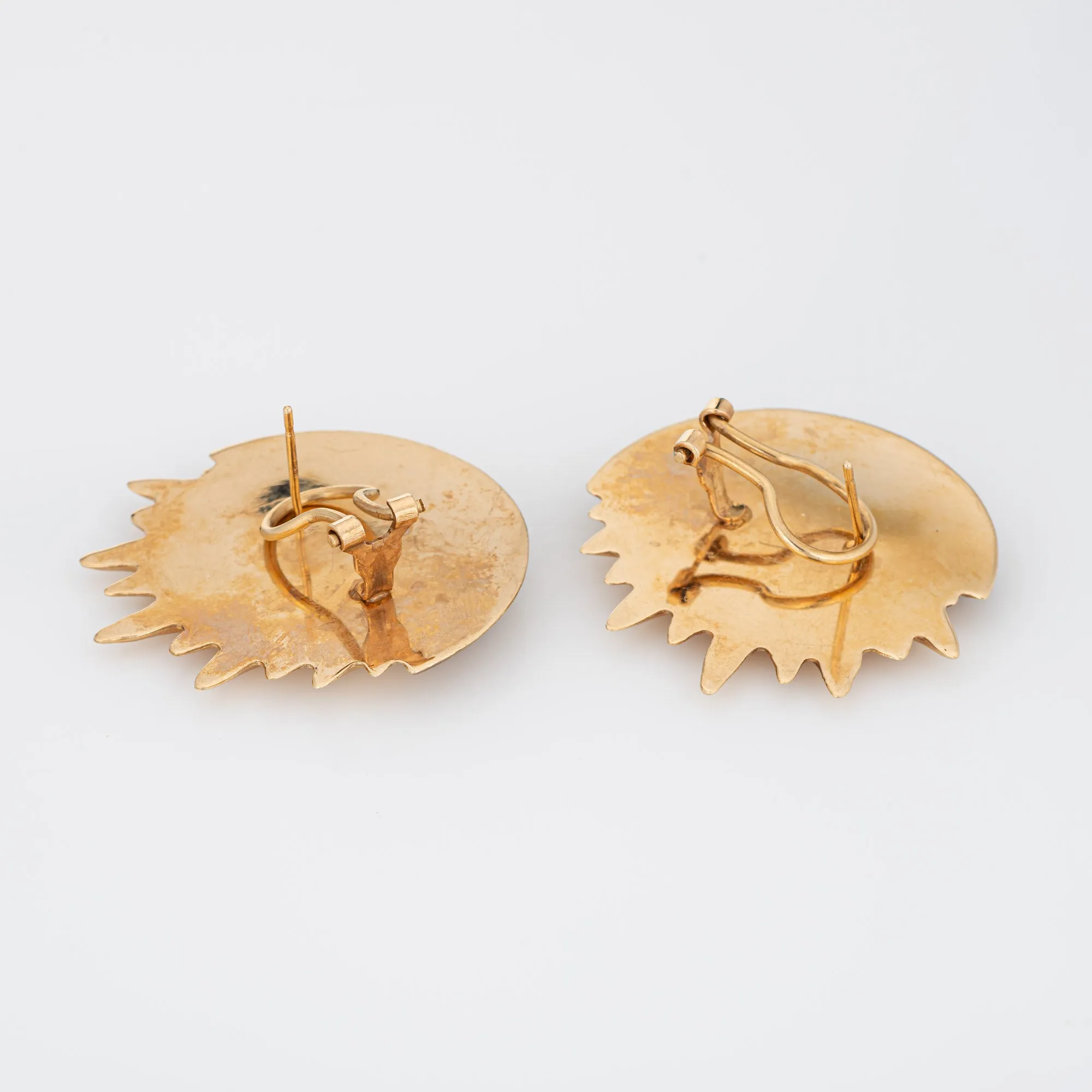Large Sunburst Crescent Moon Earrings Vintage 14k Yellow Gold Moonface Celestial