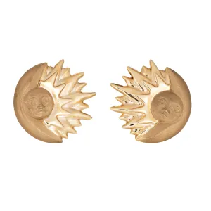Large Sunburst Crescent Moon Earrings Vintage 14k Yellow Gold Moonface Celestial