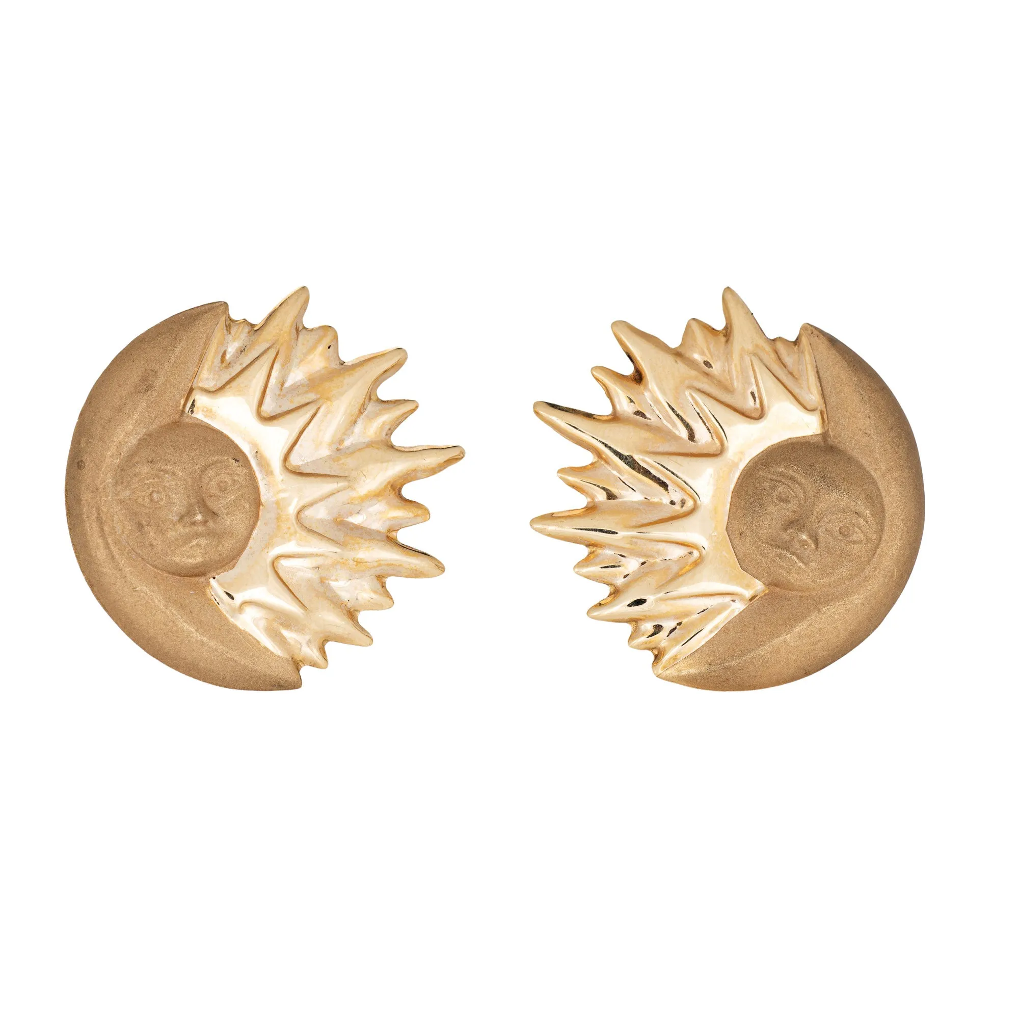 Large Sunburst Crescent Moon Earrings Vintage 14k Yellow Gold Moonface Celestial