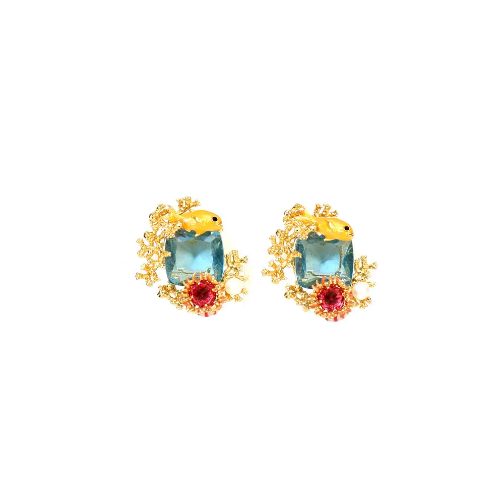 Les Nereides Atlantide Blue Glass Stone Coral Fish Earrings