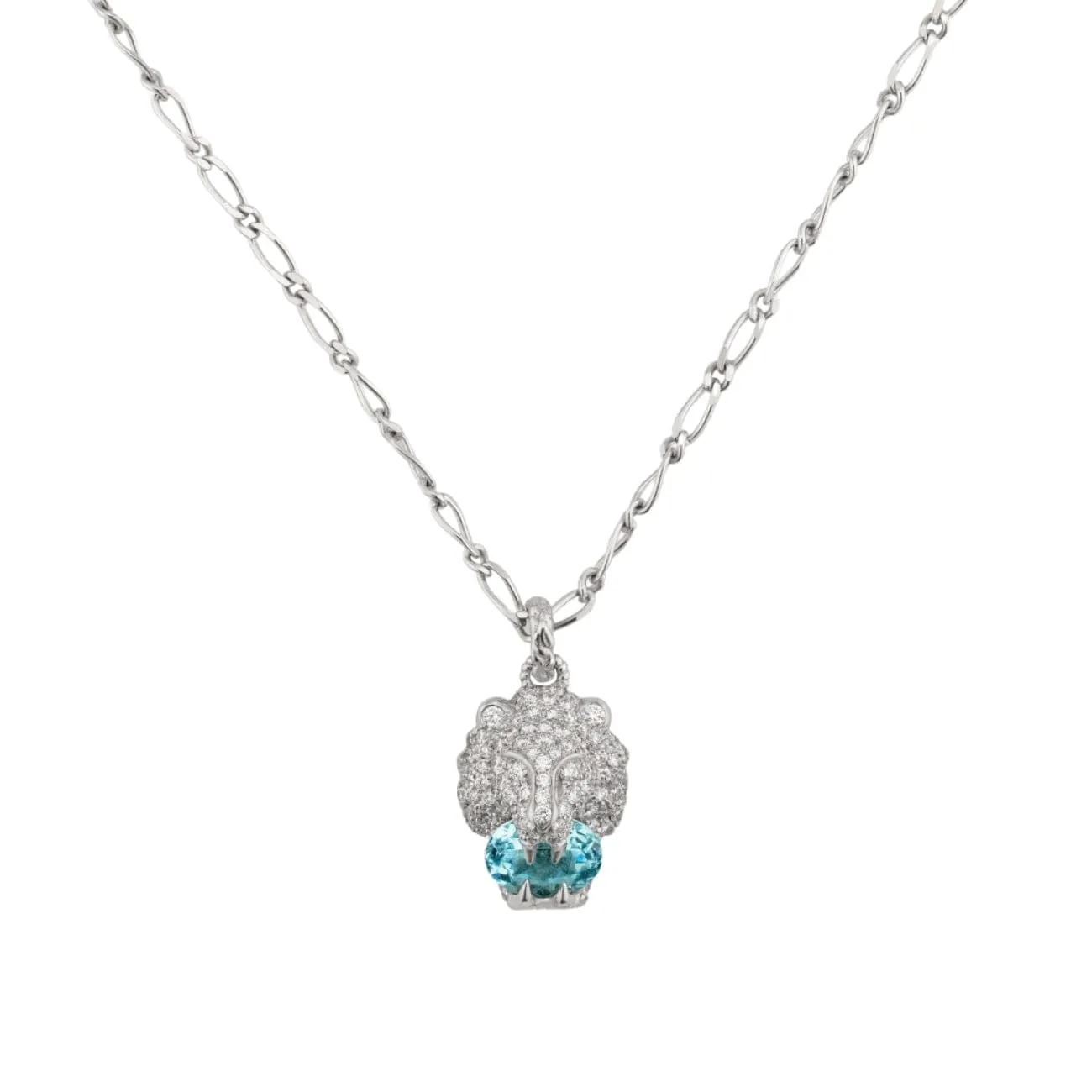 Lion Head 18K White Gold Pavé Diamond Necklace